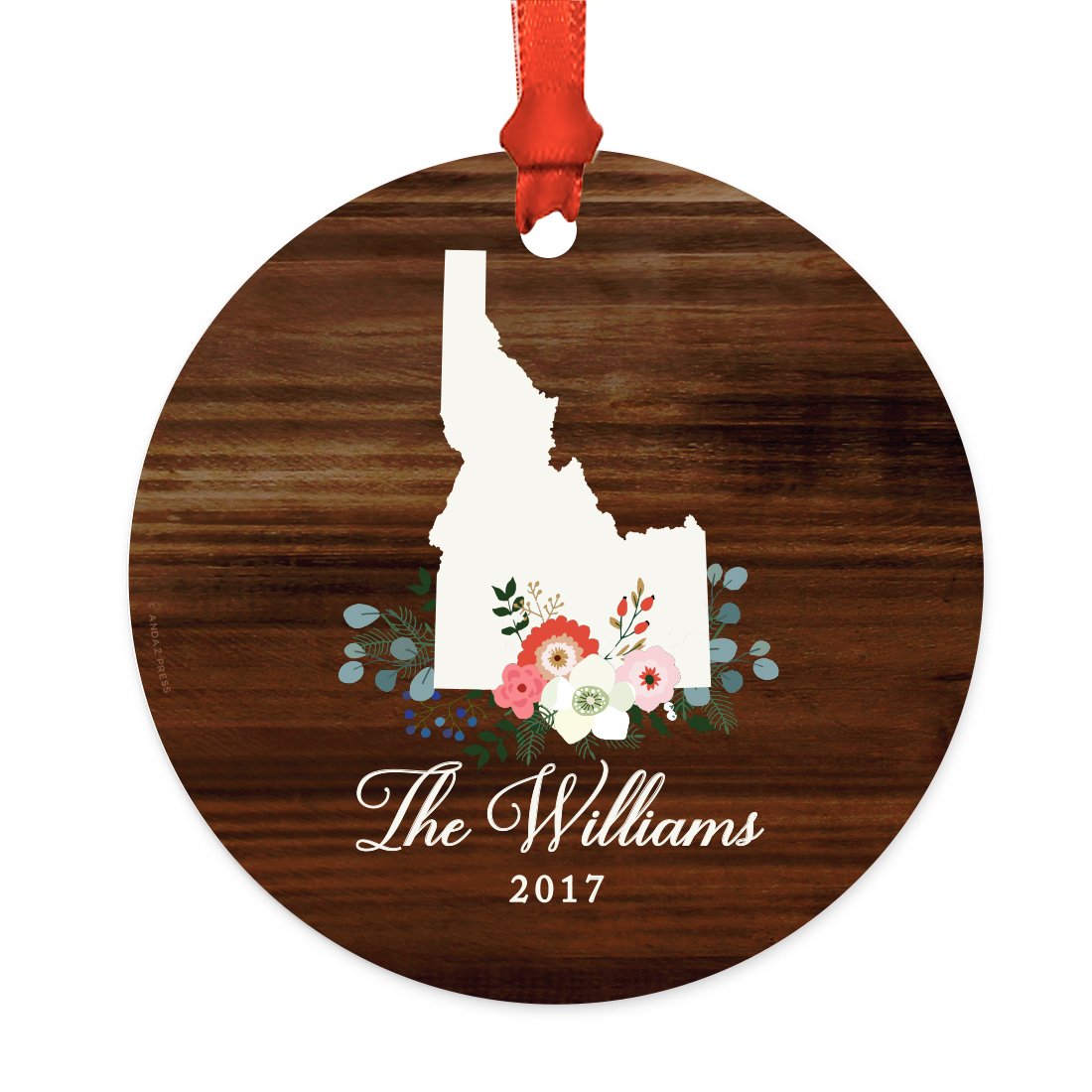 Andaz Press Personalized US State Round Metal Christmas Ornament, Rustic Wood with Florals, Idaho, 1-Pack, Includes Ribbon and Gift Bag, Custom Name