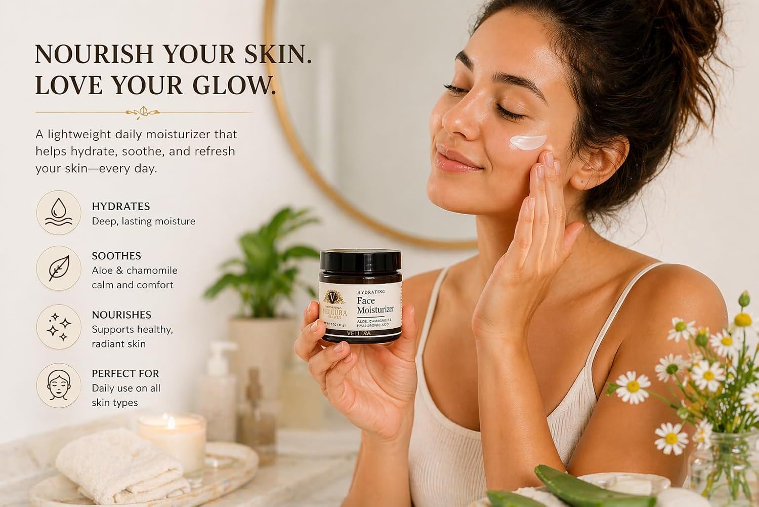 Hydrating Face Moisturizer - Aloe, Chamomile & Hyaluronic Acid Lightweight Daily Facial Creme - 2oz