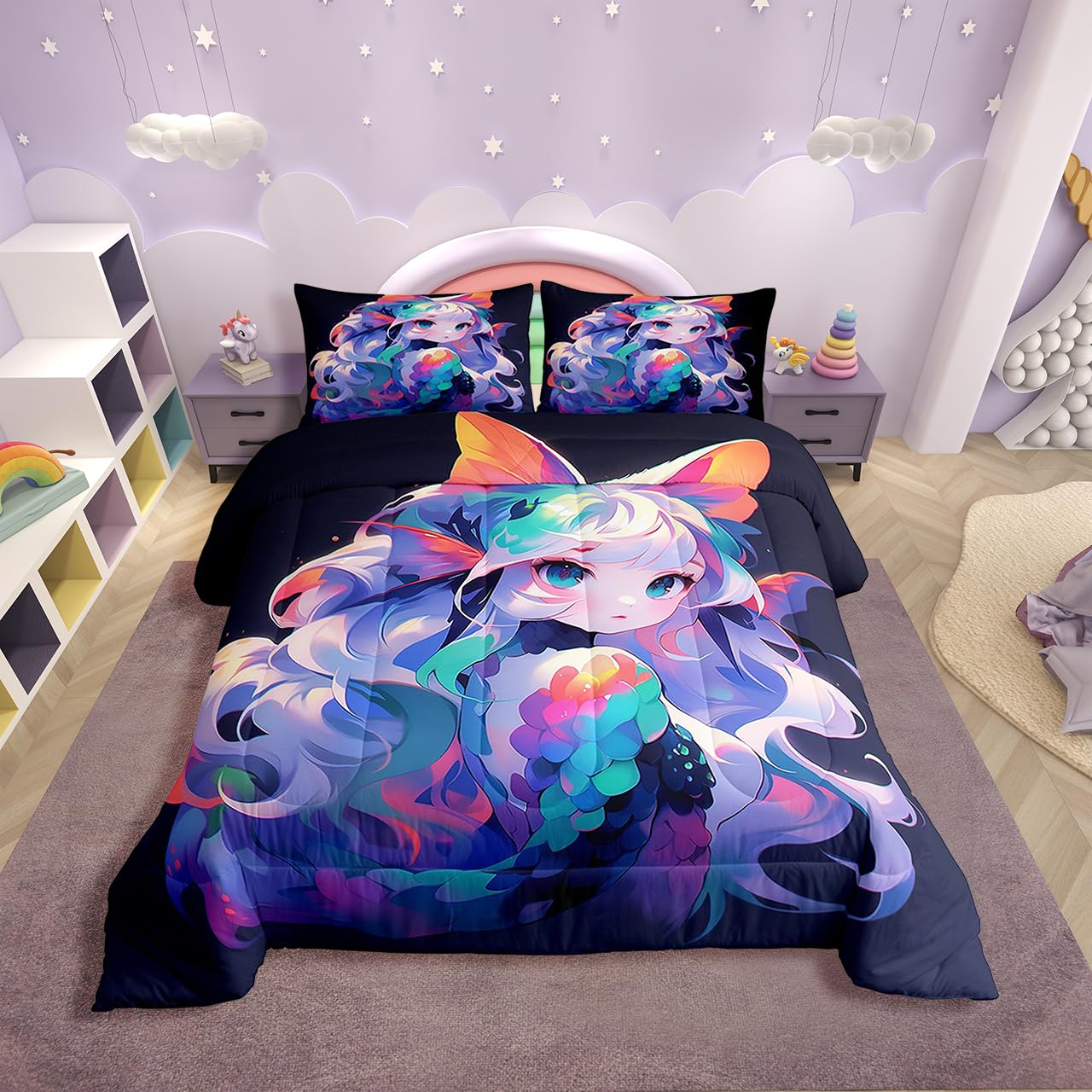 Erosebridal Girls Bedding Anime Gifts Comforter Set 3D Printing Bedding Comforter Sets, Cartoon Printed Comforter for Kids Kawaii Japanese Girl Duvet Insert with 1 Pillow Case (Twin)
