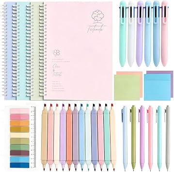33 Pcs Aesthetic Spiral Notebook Set, Cute College Ruled Stationary A5 Journal/Notebook with Pastel Highlighters Gel Pens Ballpoint Sticky Note Index Tabs Back to School Supplies for Students Kids