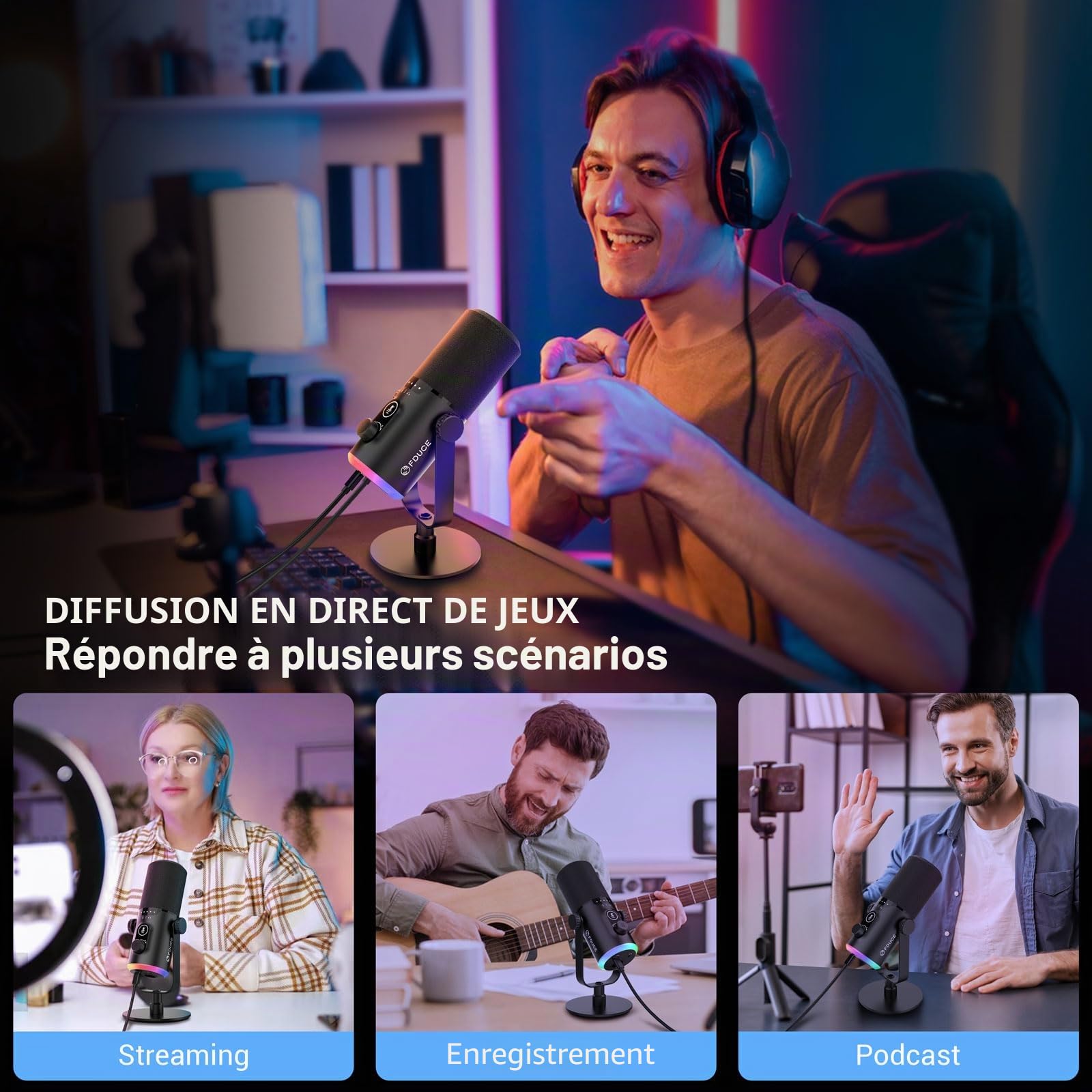FDUCE Microphone de jeu USB/XLR avec support de bureau, microphone dynamique vocal pour jeu et podcast, avec éclairage RVB, bouton muet et bouton de gain, prise casque (D30)