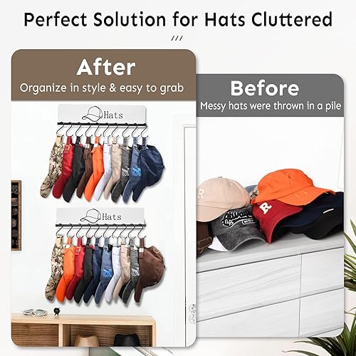 Miniatura 4 de FANGSUN Perchero para sombreros de pared, organizador de madera para gorras de béisbol con 20 ganchos, estante de exhibición de metal rústico con