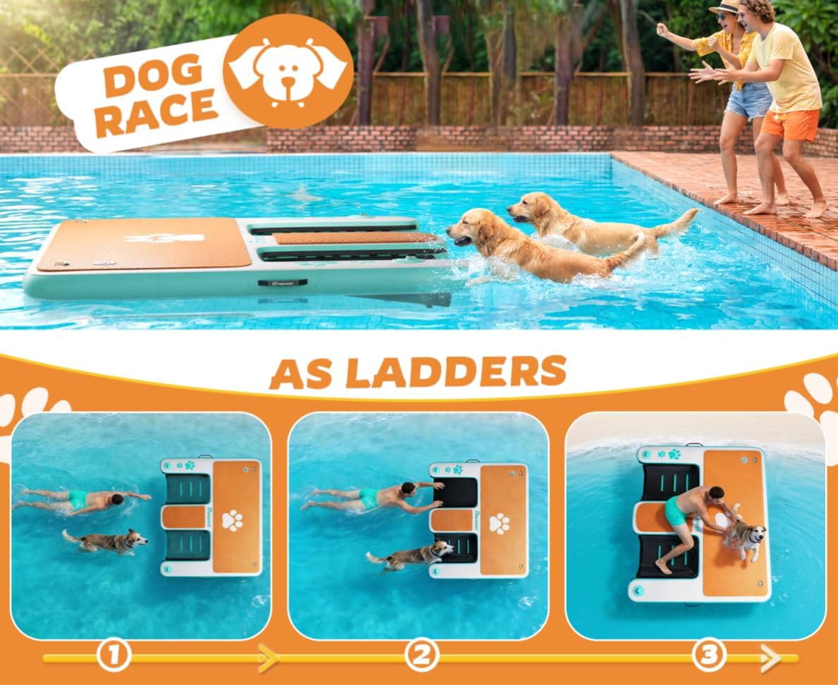 Aufblasbare Hunderampen Wasserrampe mit 2 Leiter, 150x160cm Extra Breite Dog Pool Ramp für Hunde bis zu 180 kg, rutschfeste Hundeboot Leiter Schwimmrampe Welpe Planke für Boote, Dock und Seen