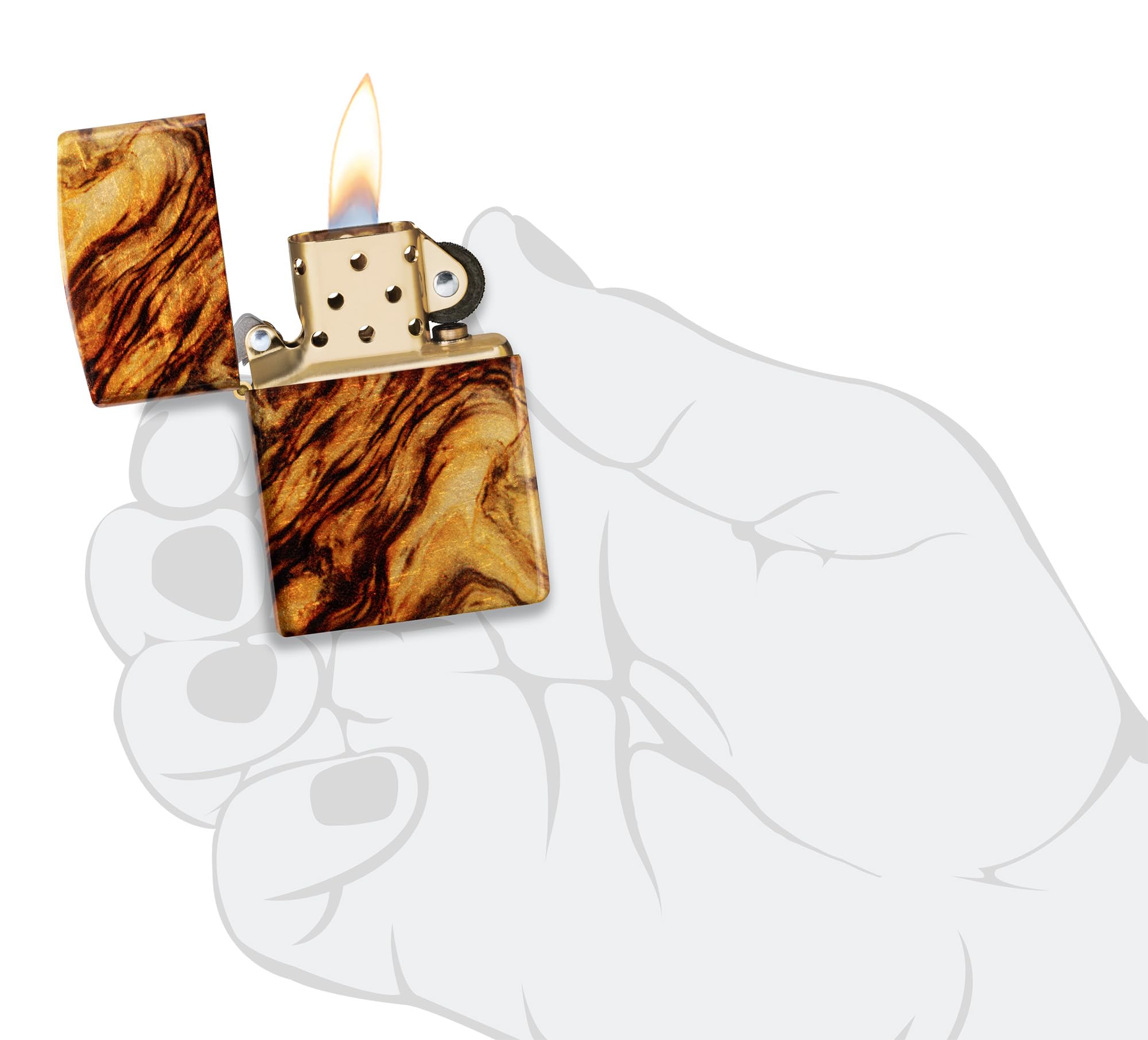 Zippo Encendedor a Prueba de Viento - Modelo Wood - Dorado y Marrón, Acabado de Latón Pulido con 540 Fusion - Recargable - Reutilizable - Diseño a Prueba de Viento - Caja de Regalo - Hecho en EEUU