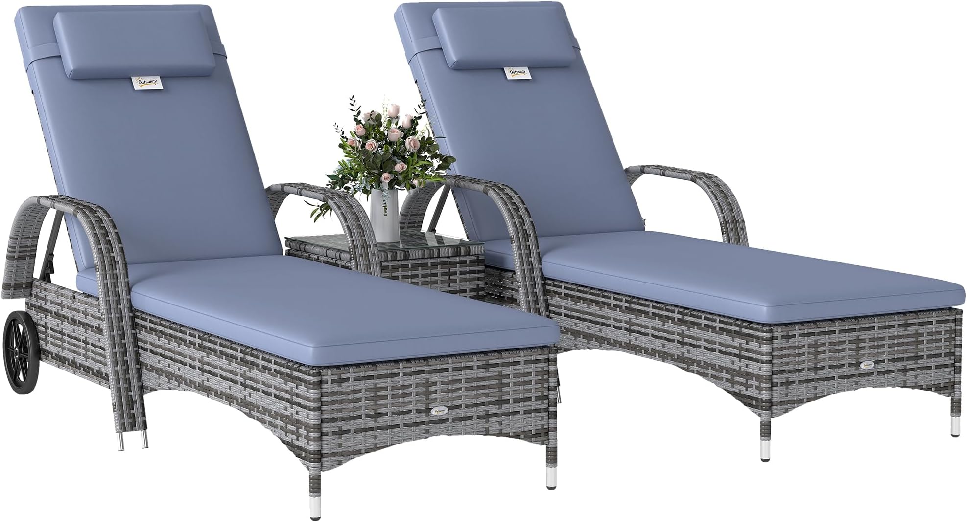 Rattan Sun Loungers for Garden Set of 2 with Side Table, Garden Recliner Sunbeds with Adjustable Back, Wheels, Cushions and Headrest, 3 Pieces Garden Furniture Set for Outdoor, Patio, Grey