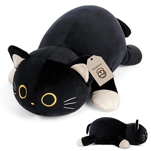 Wepop 24" Black Cat Plush Weighted Stuffed Animals, 4.2lbs Weighted Black Cat Pillow Giant Cat Stuffed Animal Cuddle Plushies Gift for Kids Adults - Black Cat