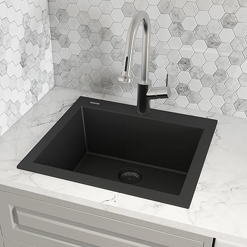 Miniatura 2 de Ruvati epiGranite RVG1022BK - Fregadero de cocina de compuesto de granito, de un solo cuenco, 22 x 20 pulgadas (55.88 x 50.8 cm), color negro media