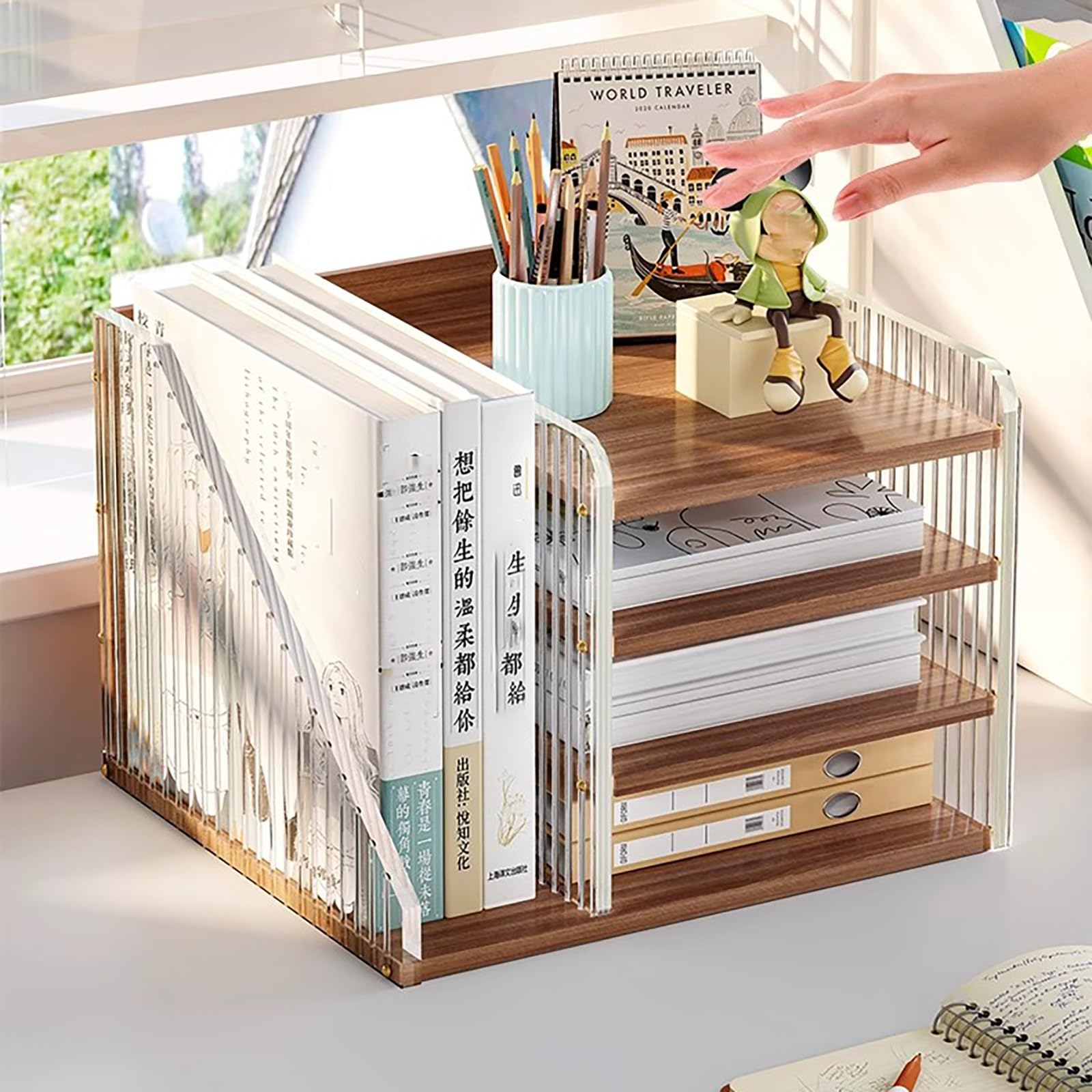 Schreibtischregal, Schreibtisch-Organizer Aus Polypropylen, Bücherregal Klein Mit 4 Schichten, Tischregal Aus Holz, Schreibtisch Aufsatzregal, Standregal Für Wohnheim, Zuhause(Wit)