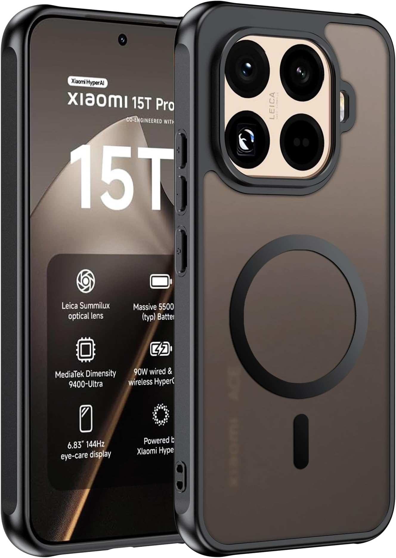 Case for Xiaomi 15T Pro, Robust PC Back Case + Shockproof TPU Edge, Military Grade Protection Case, Magnetic & Anti-Yellow Shockproof Mobile Phone Case - Black