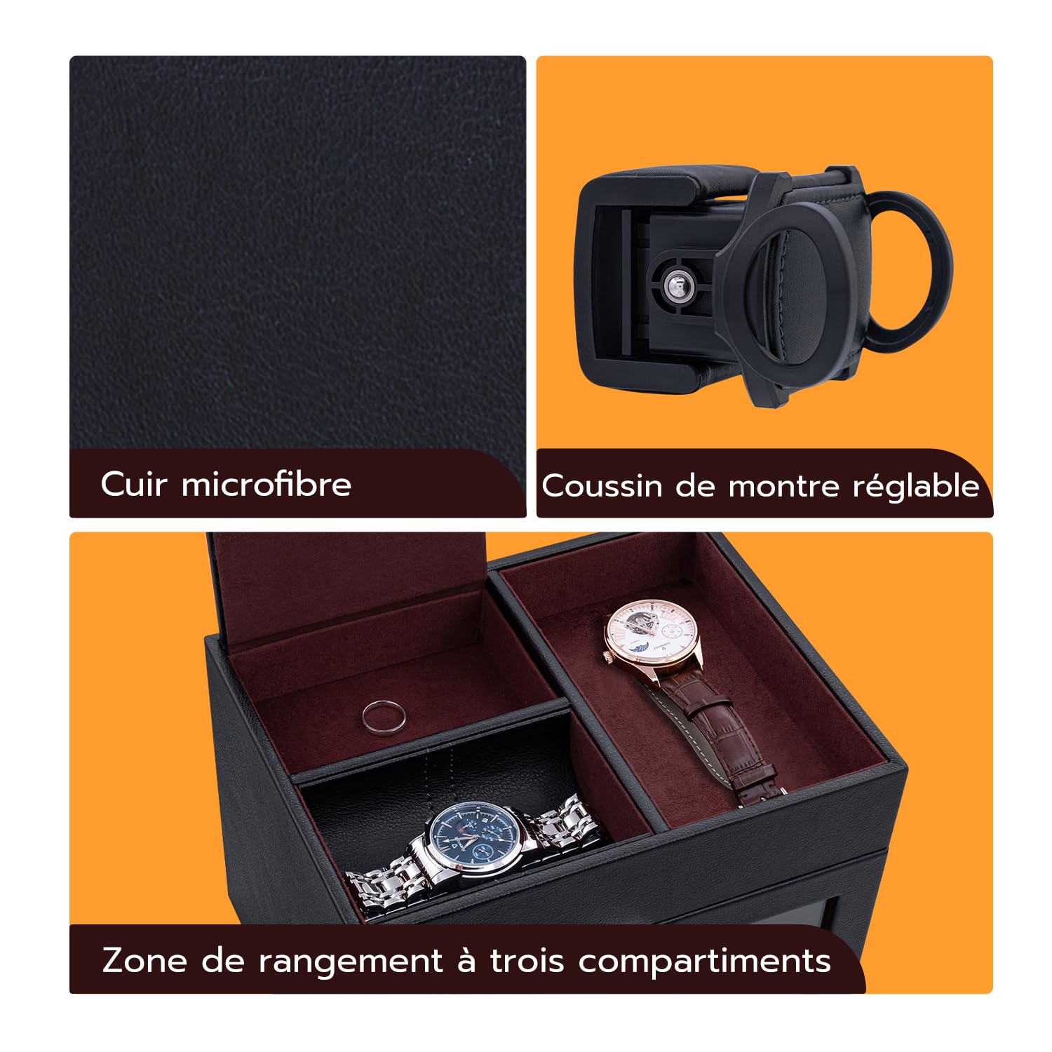 Mcbazel Multifonctionnel Remontoir de Montre pour 2 Montres, Montres Automatiques Affichage LED Lumière Boîte de Rangement de Bijoux avec Moteur Silencieux 1 Mode de Rotation- Vin Rouge
