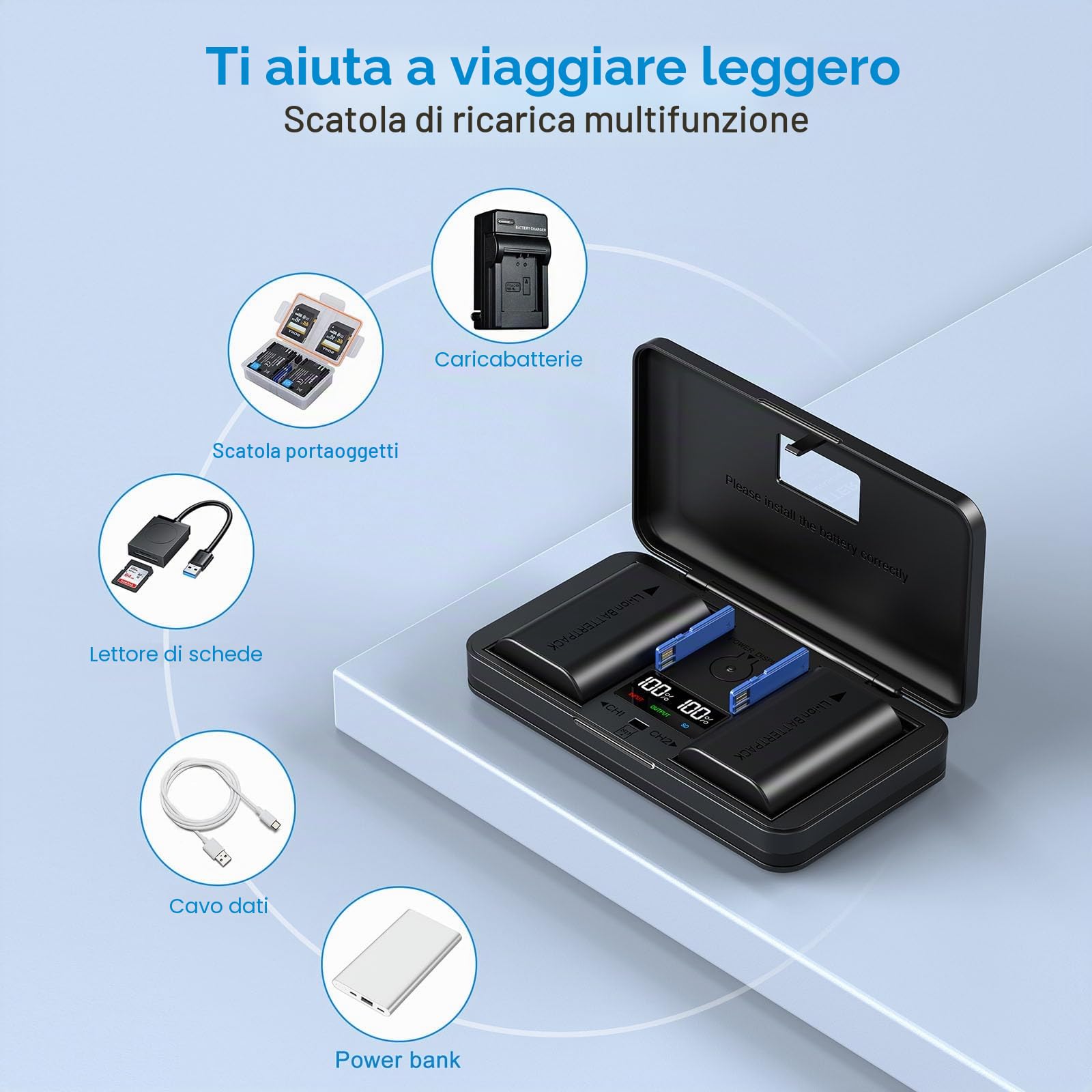 Caricabatterie Multifunzione Per Fotocamere Pentax D-LI90 – Con Lettore SD E Power Bank, 30% Più Veloce