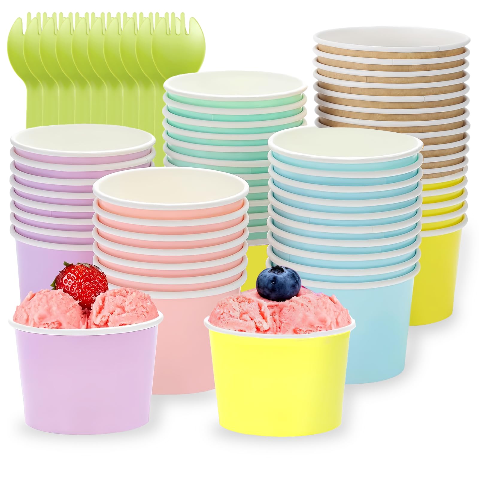 MEETOZ Paper Ice Cream Cups, 60-Count 150ml/5oz Dessert Bowls, Hot/Cold Paper Snack Cups, Soup Bowls, for Party, Home and Office,Camping, with 60 Dessert Spoons