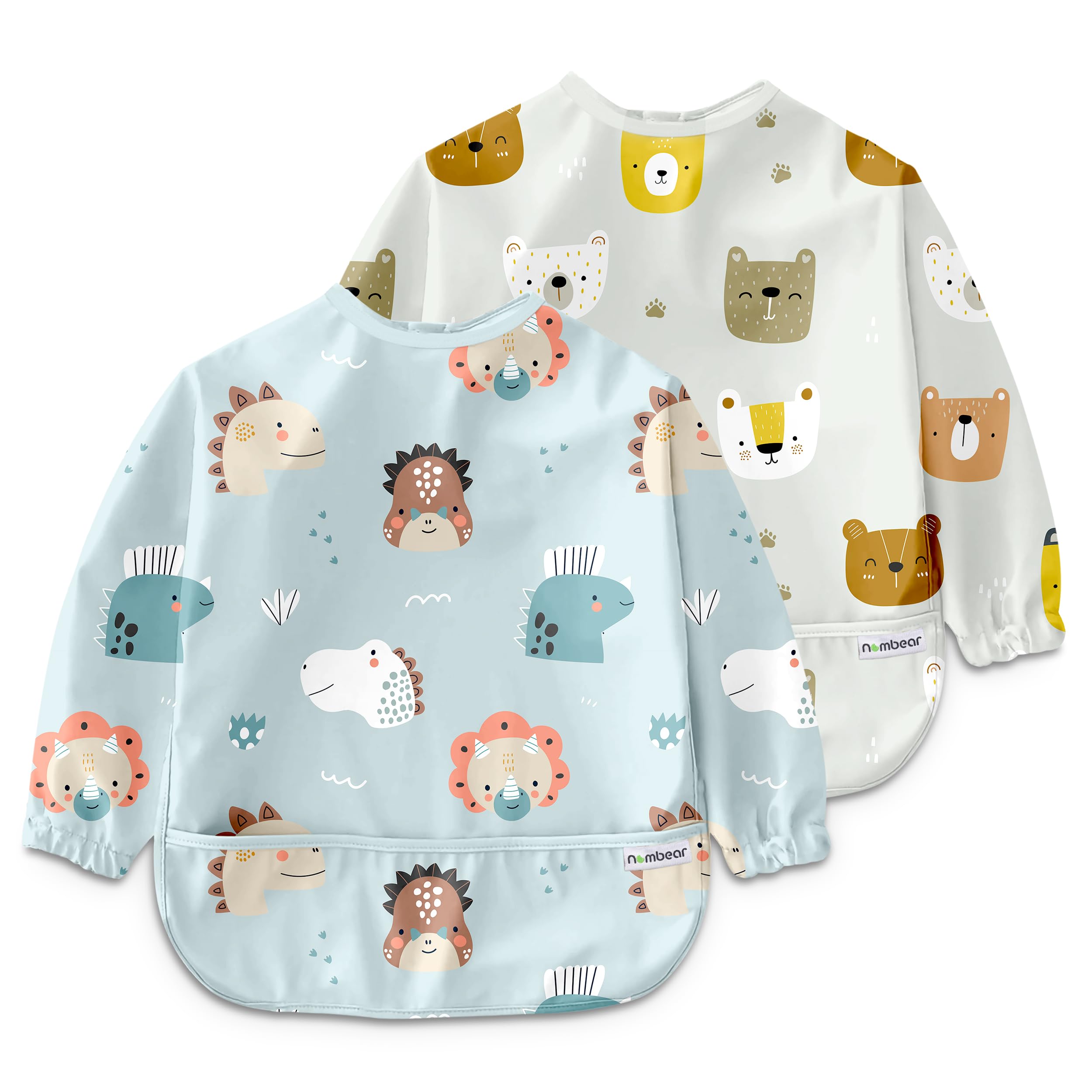 Nombear Baby Bibs with Sleeves for 6-24 Months, 2 Pack, Easy Wipe Clean, Machine Washable Baby Weaning Bib with Sleeves