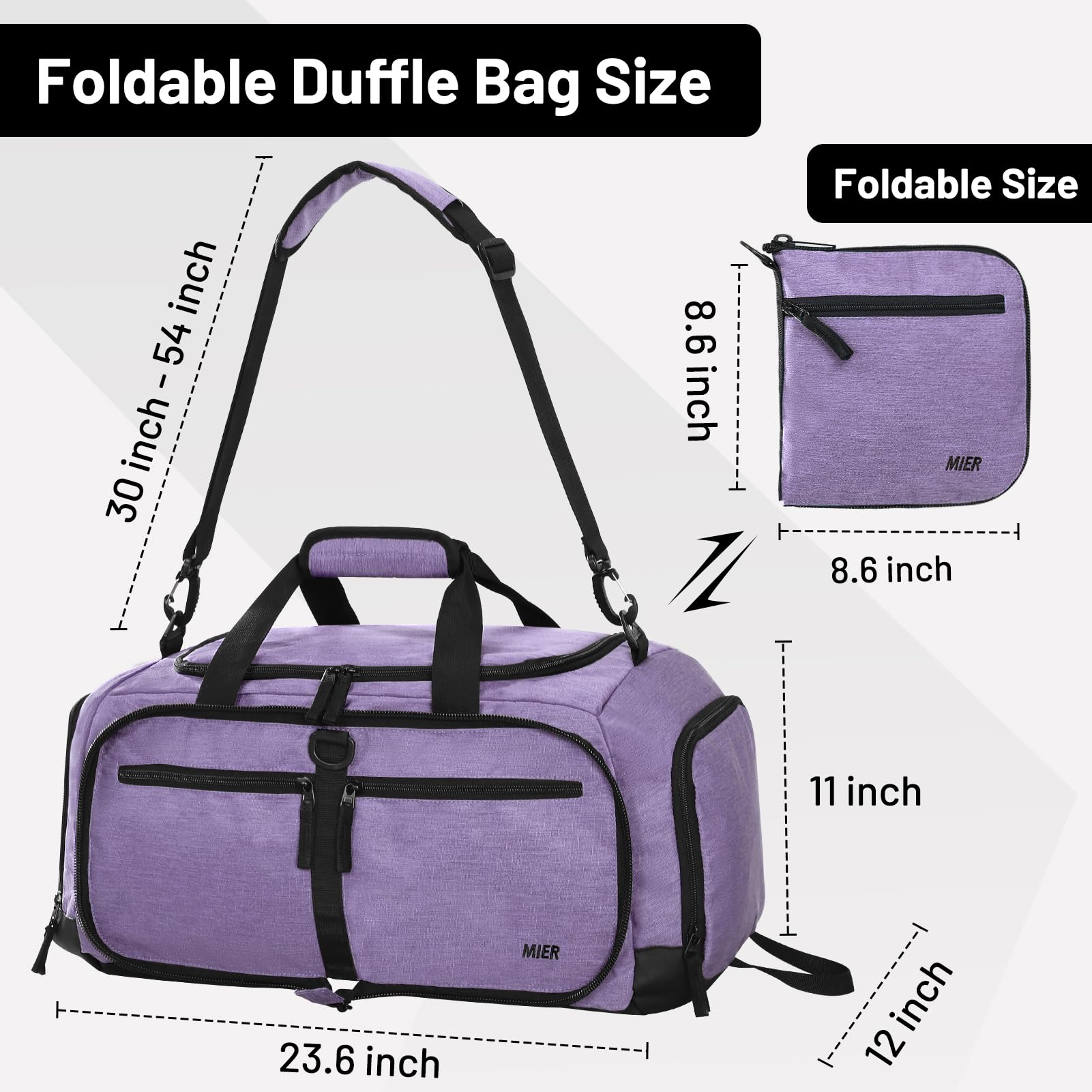 MIER Borsone pieghevole con scomparto per scarpe, 50 l, borsone da viaggio per uomo e donna, borsa da notte ripiegabile per campeggio, palestra, weekender, Viola, Borsone da viaggio pieghevole con