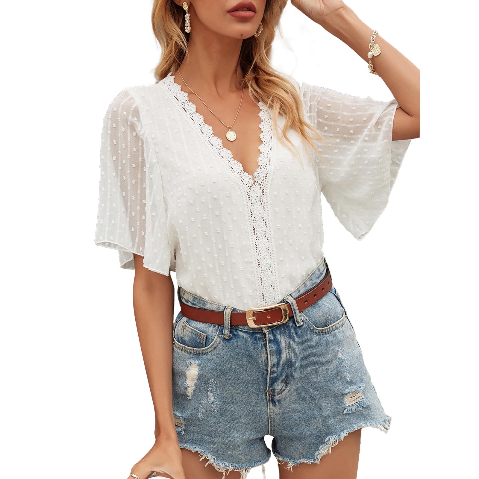 MEME XTRA Camiseta de Mujer Elegante Cuello en V Blusa de Encaje Lunares Suizos Manga Corta Verano Casual Top Blusa