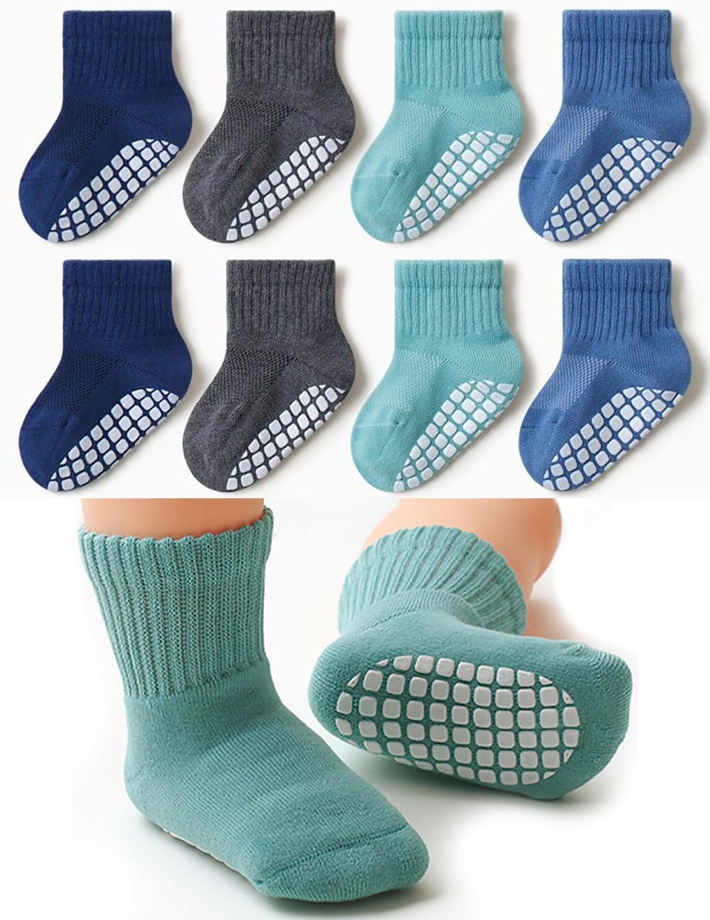 MOVEIF 8 Pairs Baby Boys Girls Grips Crew Socks Non Slip Ankle Socks Infant Cotton Baby Socks for Toddler, Kids (F33-8pairs,0-1 Years)