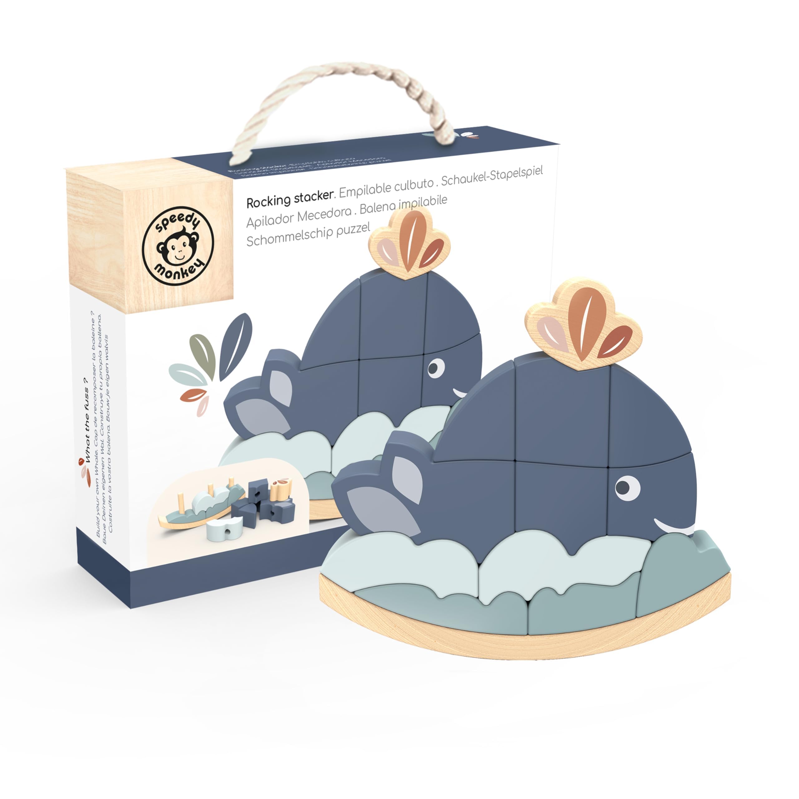 Speedy Monkey Rocking Stacker – Whale Balance Game, 13 Wooden Pieces, Fun Skill Challenge for Family, Develops Hand-Eye Coordination, Fine Motor Skills, Non-Toxic Paint, For Kids 2-6 Years