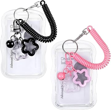2 Pack Photo Card Holder, Cute Photocard Holder Star Wave Photocard Keychain Kawaii Transparent Photo Card for ID Bus Cards Protector Idol Cards Holders Black, Pink