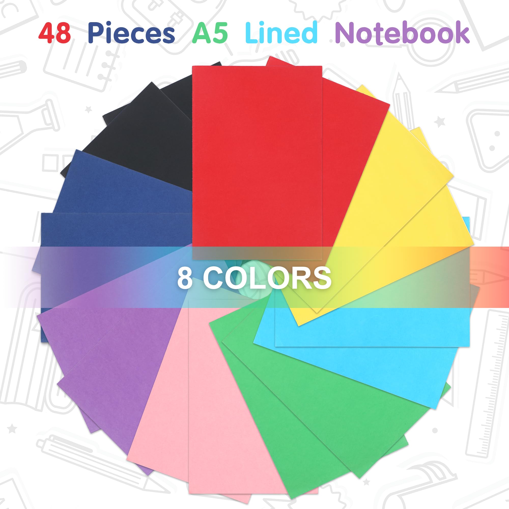 48 quaderni colorati A5 bianchi, 21 x 14 cm, piccoli diari per viaggiatori, 60 pagine/30 fogli a righe, 80 g/m², per adulti, bambini, studenti, scuola, ufficio, viaggiatori