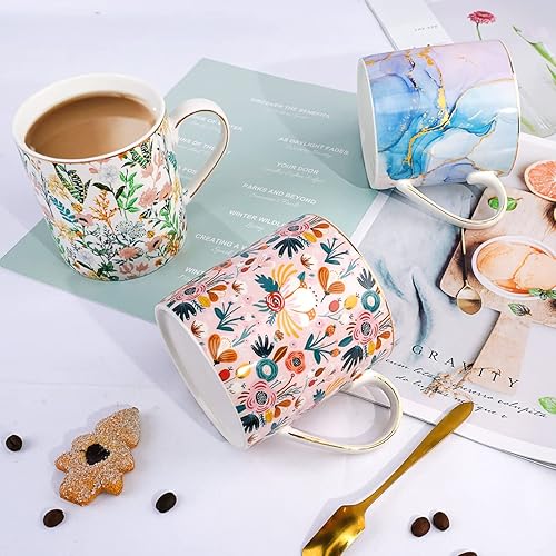 Miniatura 5 de WAVEYU Taza de cerámica para mujer, bonita taza de café y agua para vacaciones, diseño floral con asa para oficina en casa, taza decorativa de té de