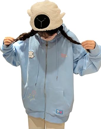 OATSBAS Kawaii Zip Up Hoodie Women Cute Cartoon Embroidery Oversized Pullover Sweatshirt Harajuku Kawaii Hooded Top