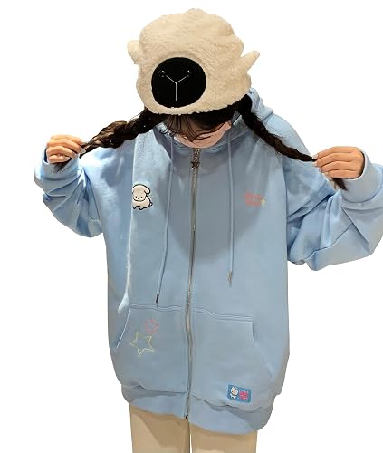 OATSBAS Kawaii Zip Up Hoodie Women Cute Cartoon Embroidery Oversized Pullover Sweatshirt Harajuku Kawaii Hooded Top