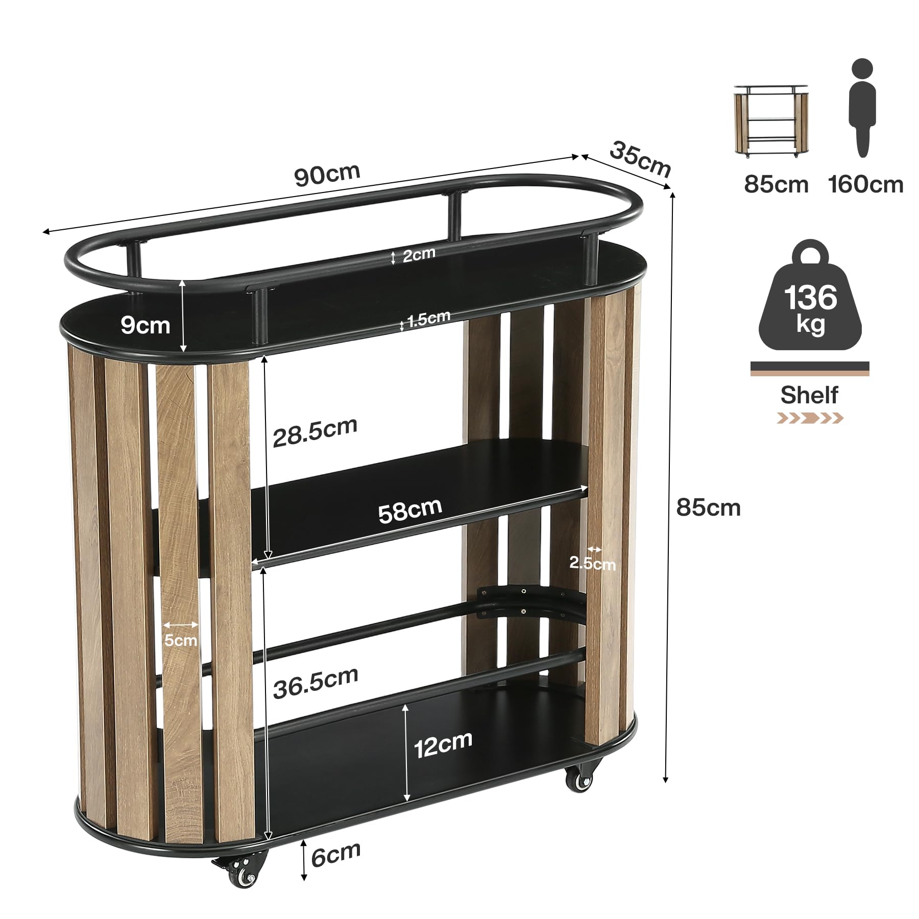 Tribesigns Carrello da Cucina con Ruote, Carrello Bar a 3 Ripiani in Stile Industriale, Carrello Portavivande, Carrello di Servizio per Cucina, Sala da Pranzo e Soggiorno, Marrone Rustico