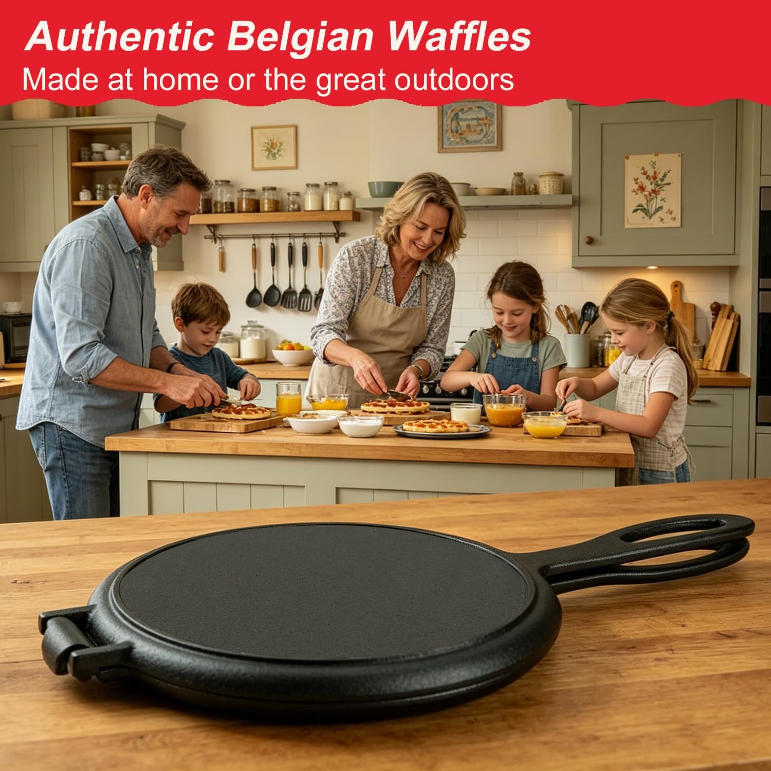 DVK 8 Inch Cast Iron Waffle Maker, Non-Electric Manual Waffle Iron for Gas Stovetops and Open Fire, Pre Seasoned Space Saving Breakfast Cookware for Camping RV Travel and Home Kitchen