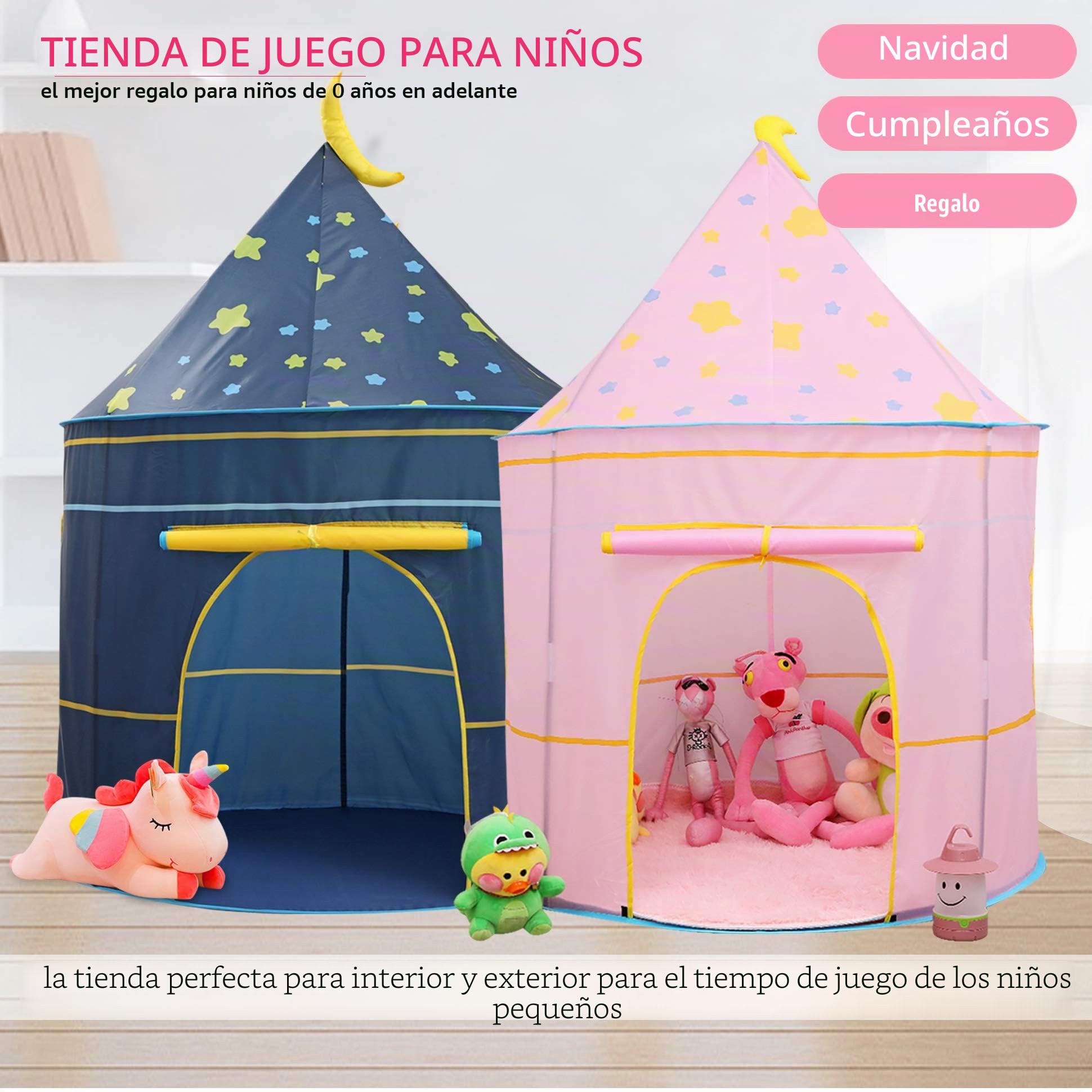 Carpa para niños,con Luces de Estrellas Castillo,Tienda para Niños, Playhouse Toy para Juegos de Interior y Exterior,Navidad & Cumpleaños Regalos para Niños Chico Niña (Rosa Luna)