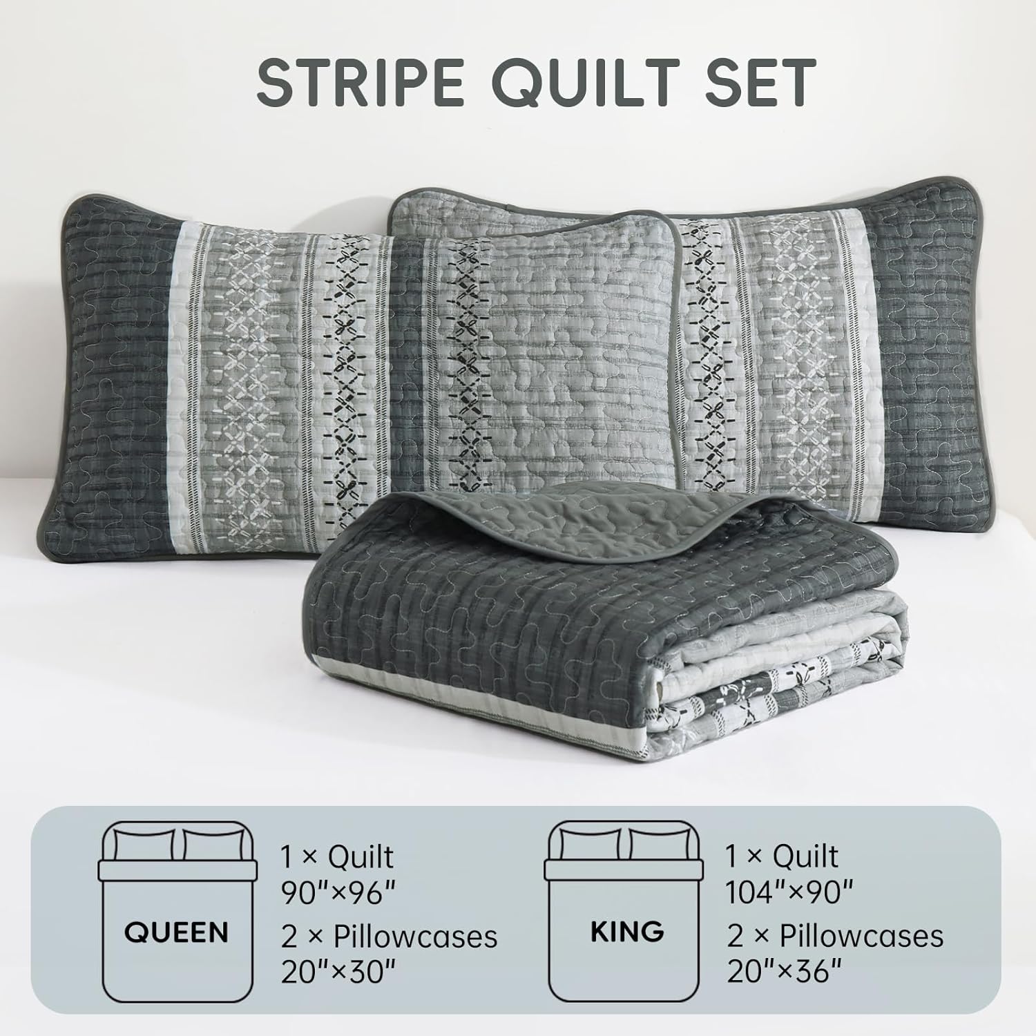 Menghomeus Grey Quilt Set Queen, Soft Striped Texture Bedspread Coverlet Set 3 Pieces, Lightweight Microfiber Queen Quilt Bedding Set for Men Women 96"x90"