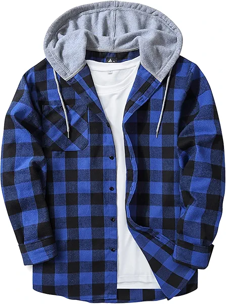Mens Flannel Hooded Shirt Long Sleeve Fashion Plaid Hoodie Button Down Shirts with Pocket
