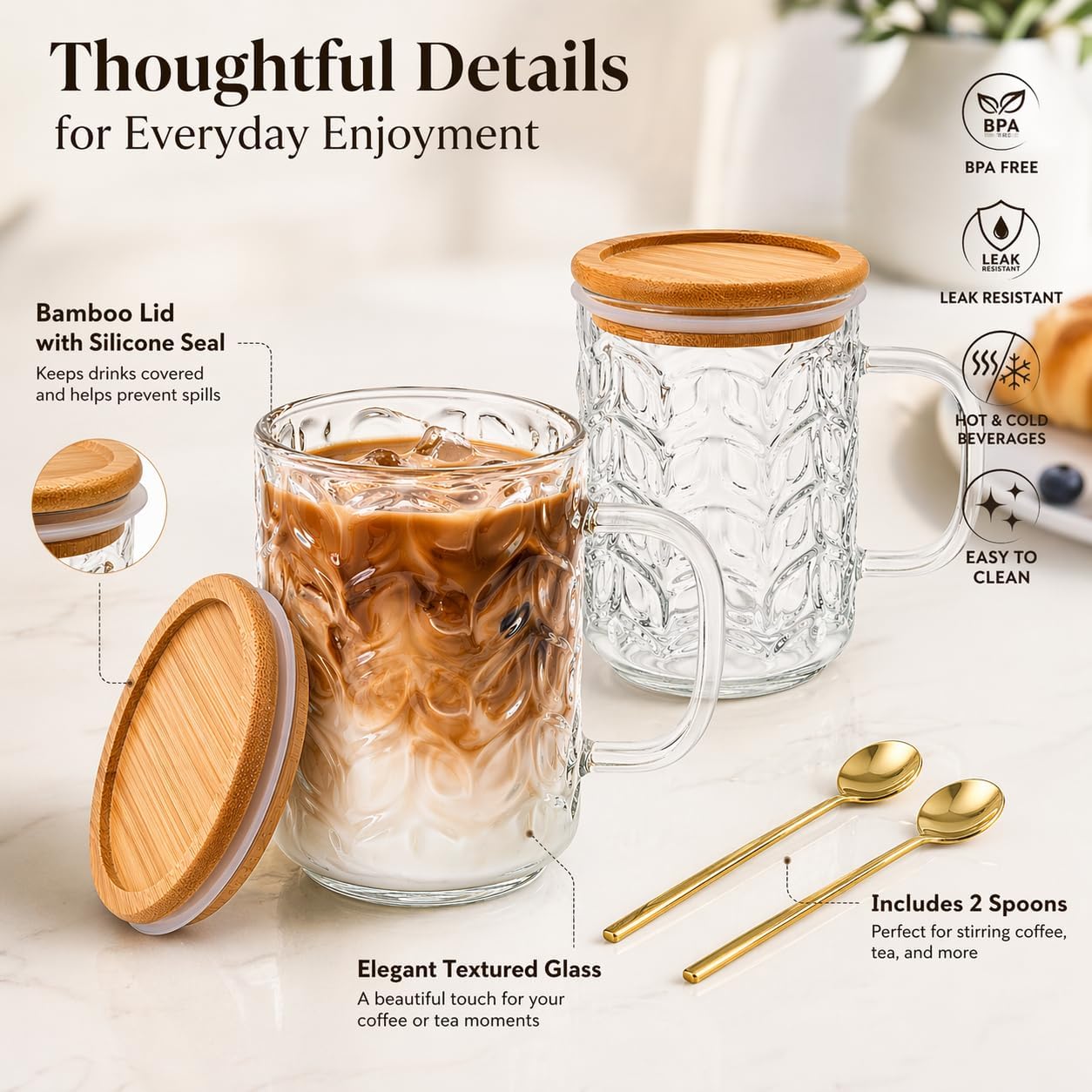 Jiuchen 2 PACK Glass Coffee Mug sets with Handle & Spoon, 16 OZ Glass Coffee mups with Bamboo Lid, Clear glass tea cups for Hot/Cold Beverages, Glassware Set for Americano, Latte, Cappuccino