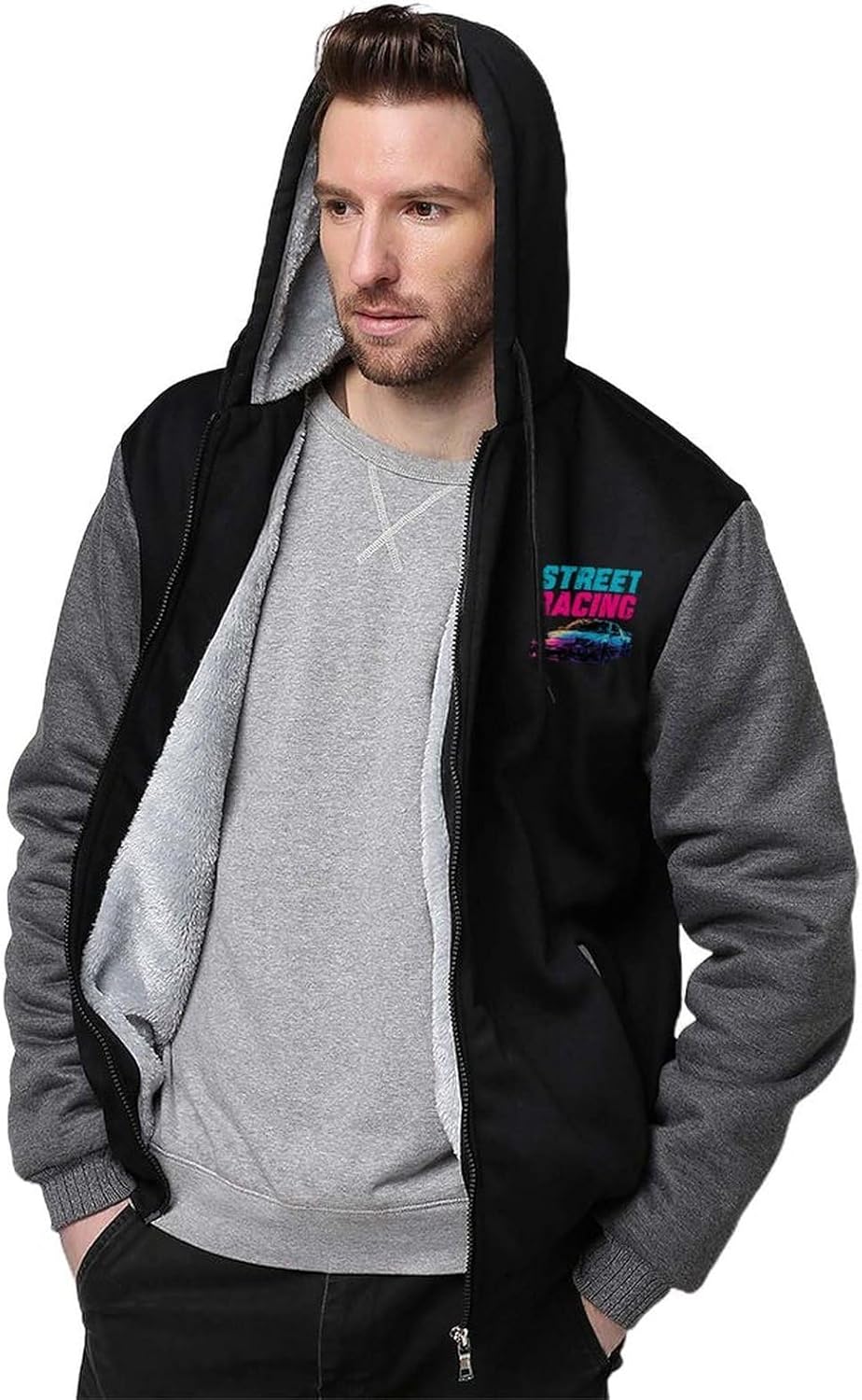 Street Racing Men's Fleece Hoodie Jacket Coat Warm Casual Sweatshirt with Pockets