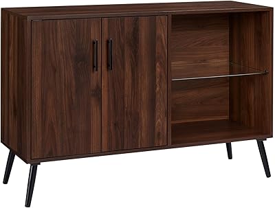 Walker Edison Theo Mid Century Modern 2 Door Asymmetrical Glass Shelf Buffet, 44 Inch, Dark Walnut