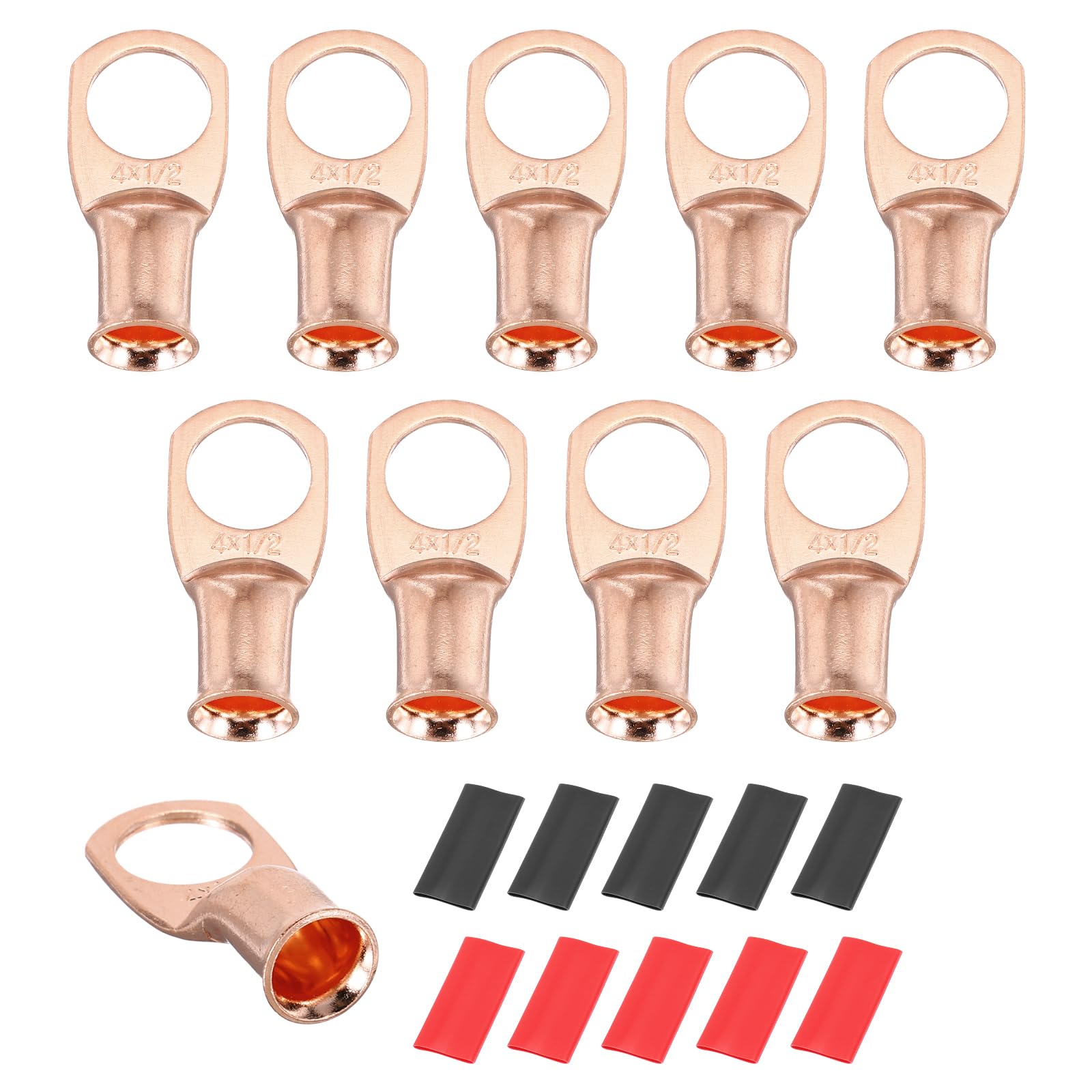 sourcing map 10pcs 4 AWG M12 Battery Lugs Ring Terminals, 1/2" 12mm Stud Crimp Wire Terminal Connector End Copper, 3:1 Heat Shrink Tubing, Gold