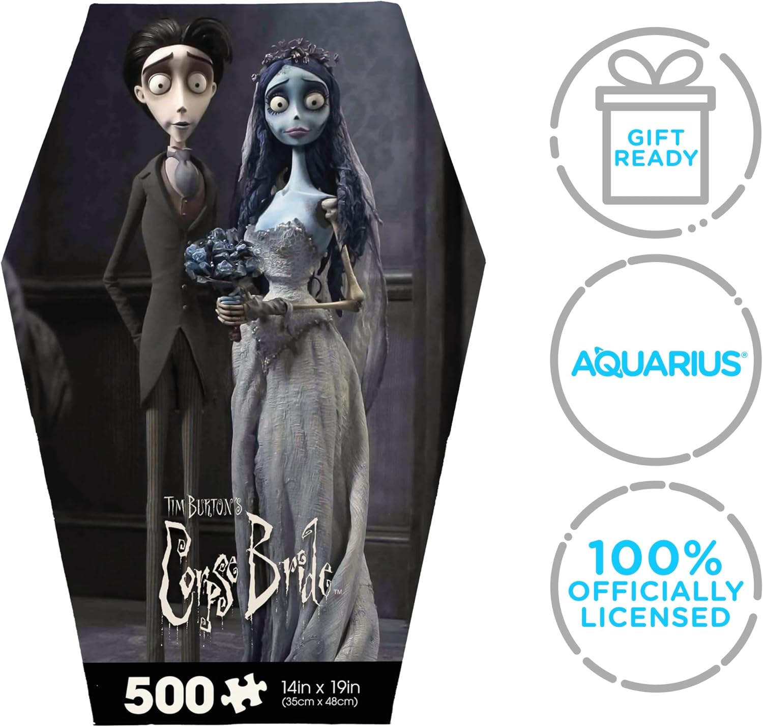 Aquarius Corpse Bride 500 Piece Jigsaw Puzzle for Adults - Tim Burton Coffin Box Merchandise 14"x19" Horror Movie Collectible Gift