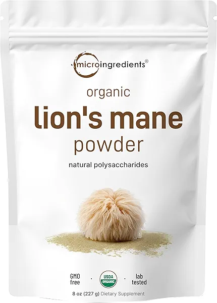 Micro Ingredients Organic Lion’s Mane Mushroom Powder, 8oz | Pure Fruiting Body Superfood | Supports Brain, Focus, Energy & Immune Health | Great for Smoothies & Coffee | Filler Free, Vegan,