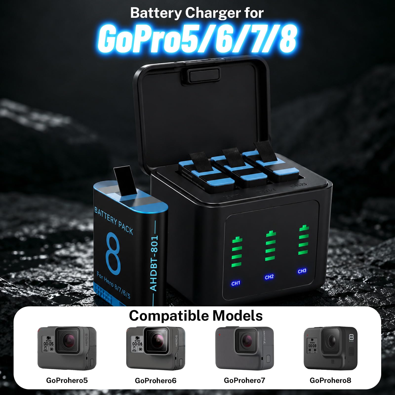 2 confezioni di batterie di ricambio da 2500 mAh per GoPro Hero 8/7/6/5 con stazione di ricarica a 3 canali di tipo C