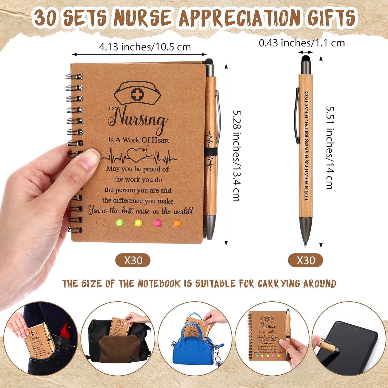 MotiMind 30 Sets Nurse Week Gifts Bulk 2026 Nurse Appreciation Gifts Thank You Notebooks and Bamboo Pens Inspirational Spiral Notebook with Sticky Note for Medical Assistant Coworkers