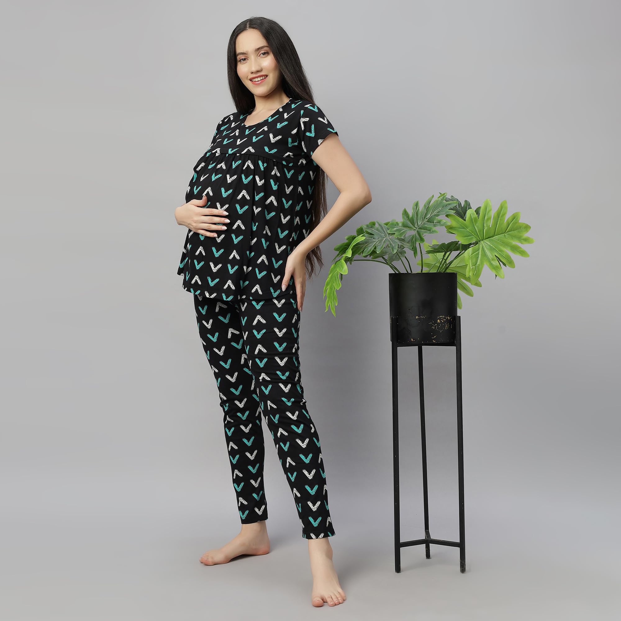 DZZO Women's Cotton Printed Maternity Night Suit | Comfortable Feeding Night Dress | Soft & Breathable Nursing Pajama Set | Color - Black, Size - L - Image 5 thumbnail