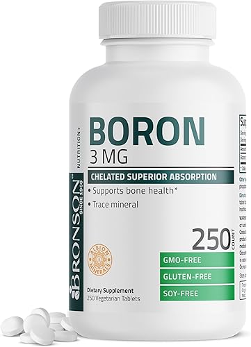 Bronson Boro 3 mg quelatado absorción superior apoya la salud ósea traza mineral, sin OMG, 250 tabletas vegetarianas