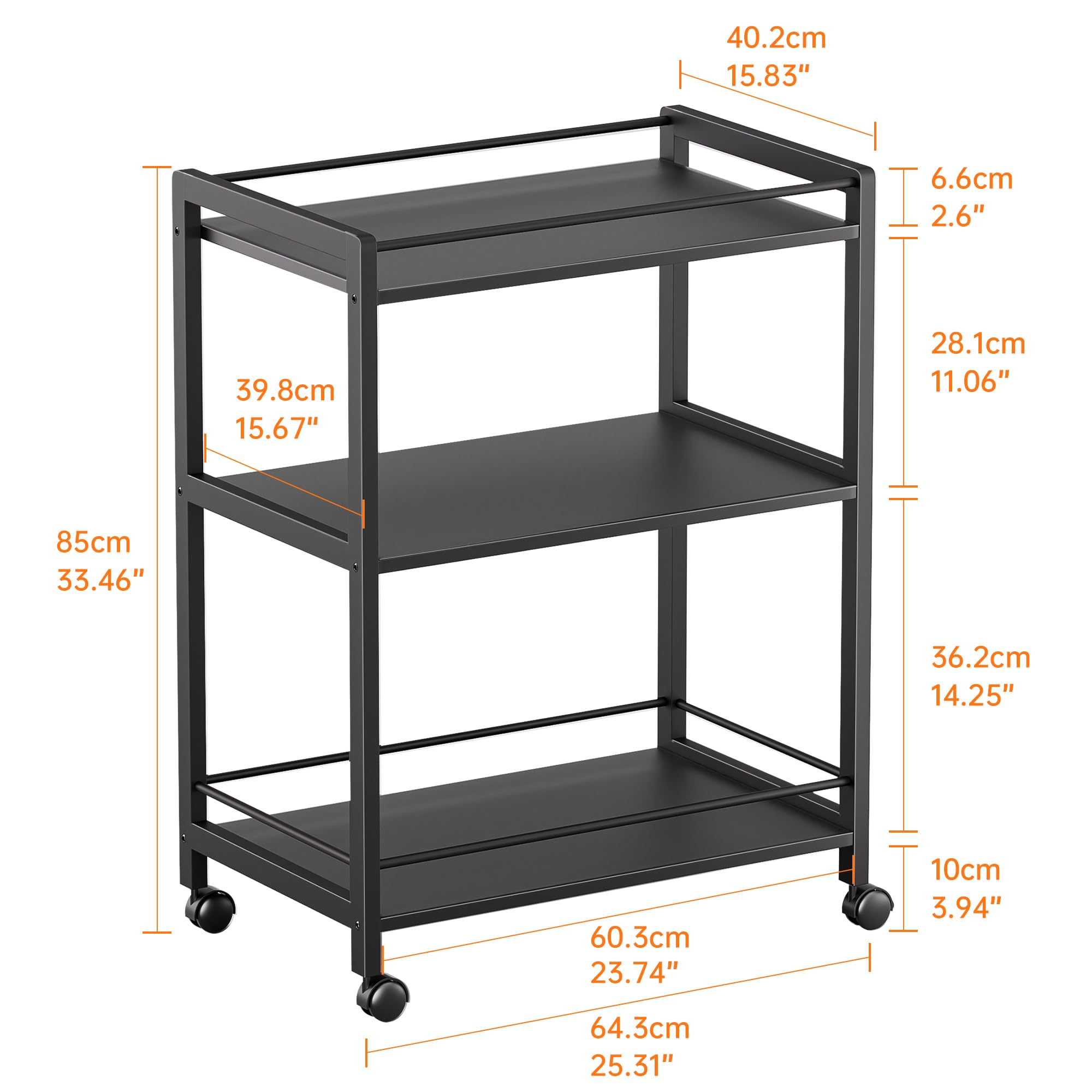 HITNET Carrito de Bar, Carro Bebidas de 3 Niveles, Carrito Auxiliar de Servicio con Ruedas, Ideal para Cocina, Baño y Oficina, Color Negro