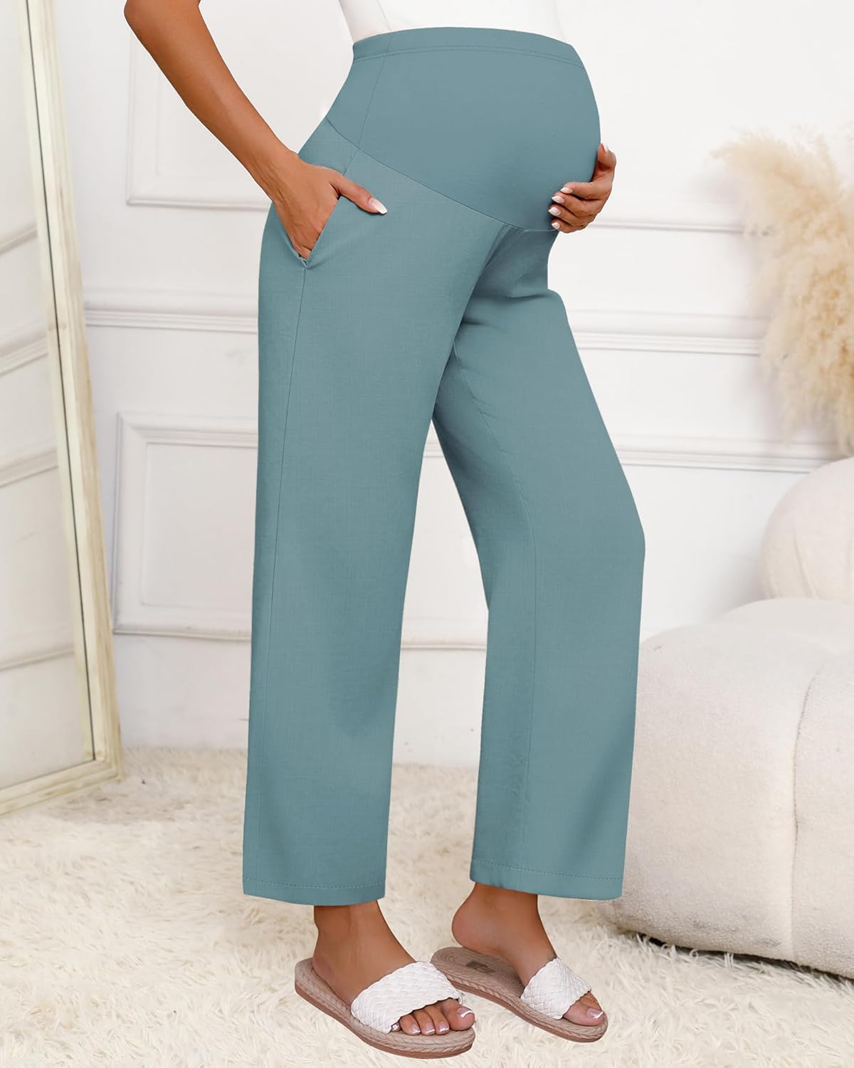 Huukeay Women's Cotton Linen Blend Maternity Pants, High Waisted Lounge Pregnancy Pants Over The Belly Trousers with Pockets - Image 7