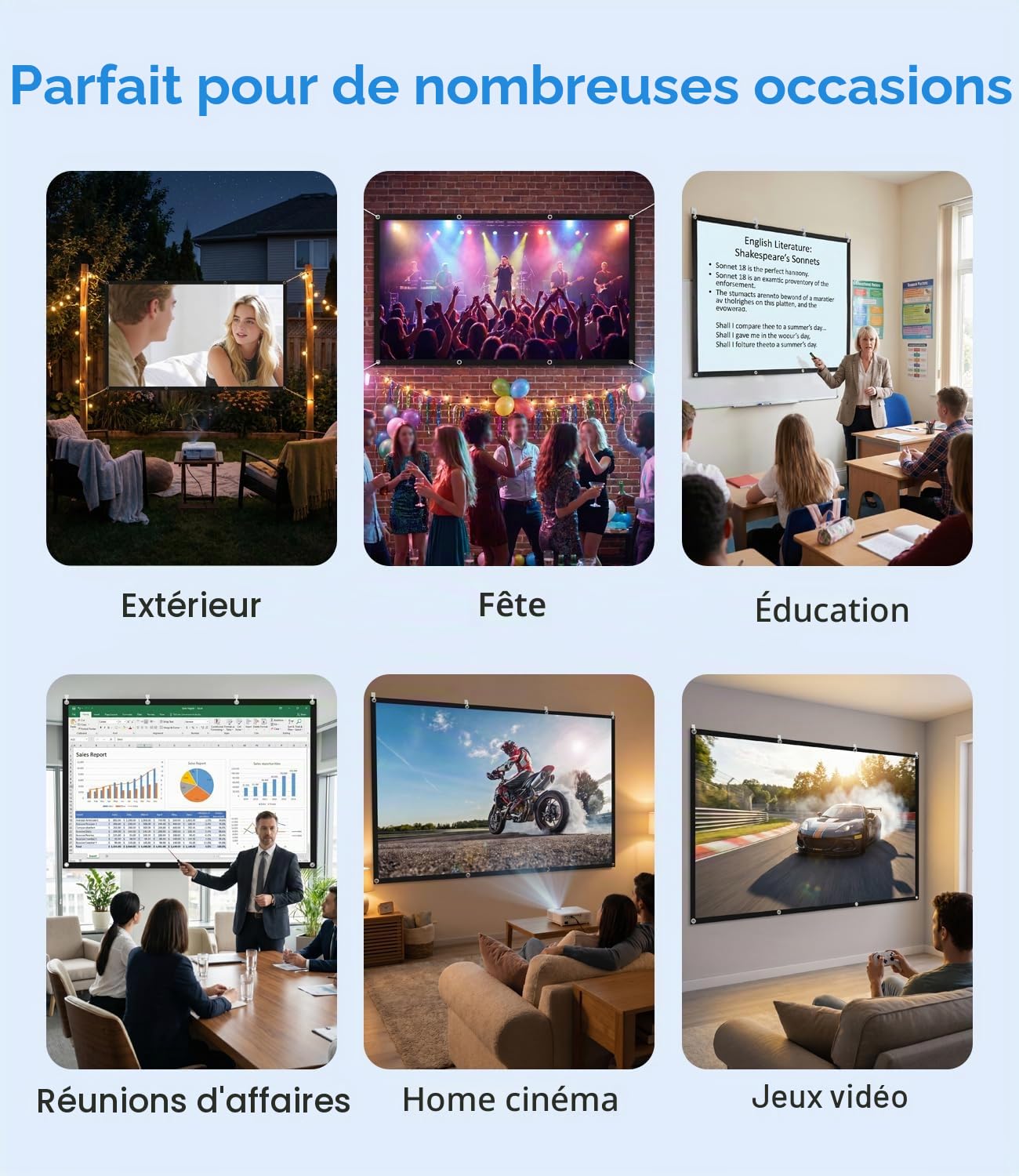 100 Pouces Ecran Videoprojecteur D'extérieur Portable et Pliable, Lavable, pour Ecran Projecteur, Idéal pour Le Home Cinéma, Les soirées Cinéma et Les Utilisations Commerciales, avec Sac de Transport