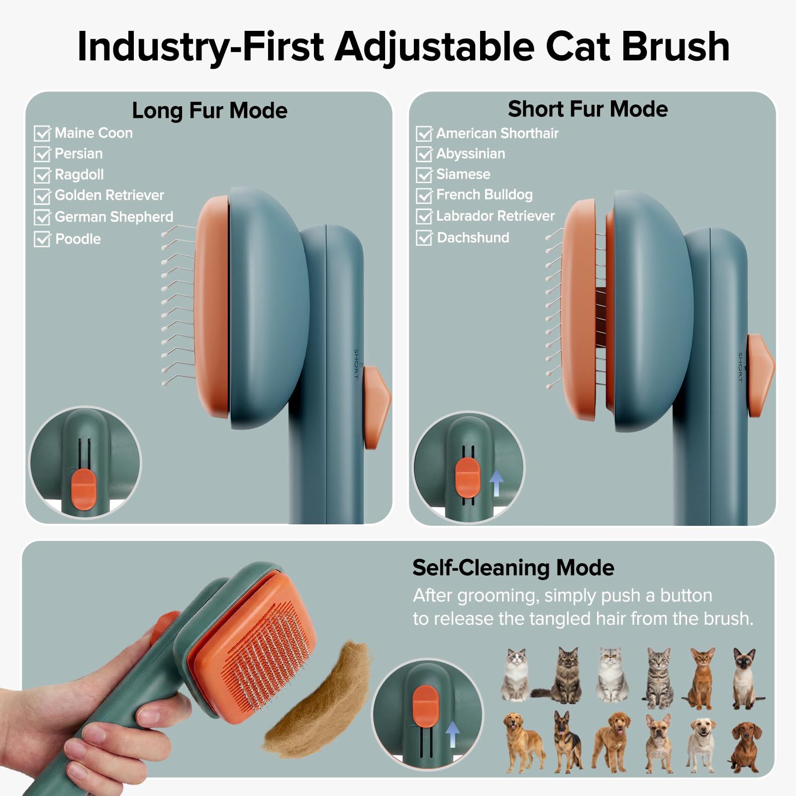Cepillo de limpieza automática para gatos y perros, cepillo de pelo de mascotas para desprendimiento de pelo largo y corto, verde
