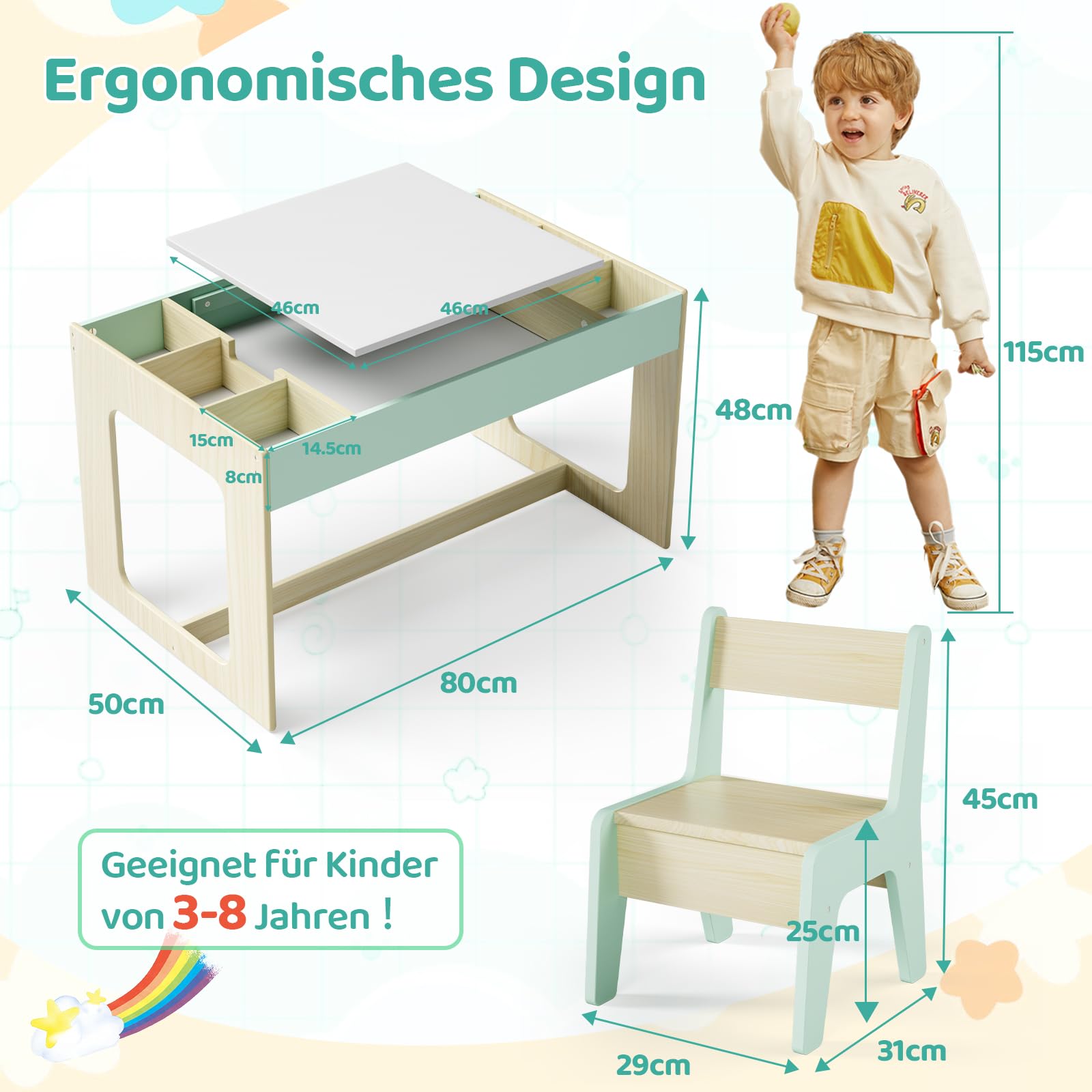 MAMIZO Table Enfant avec Rangement, Table Enfant en Bois avec 2 Chaises, avec Plateau de Réversible, pour la Garderie l'école, Dessiner Jouer, Bureau pour 3 Ans +, Couleur de Bois avec Vert