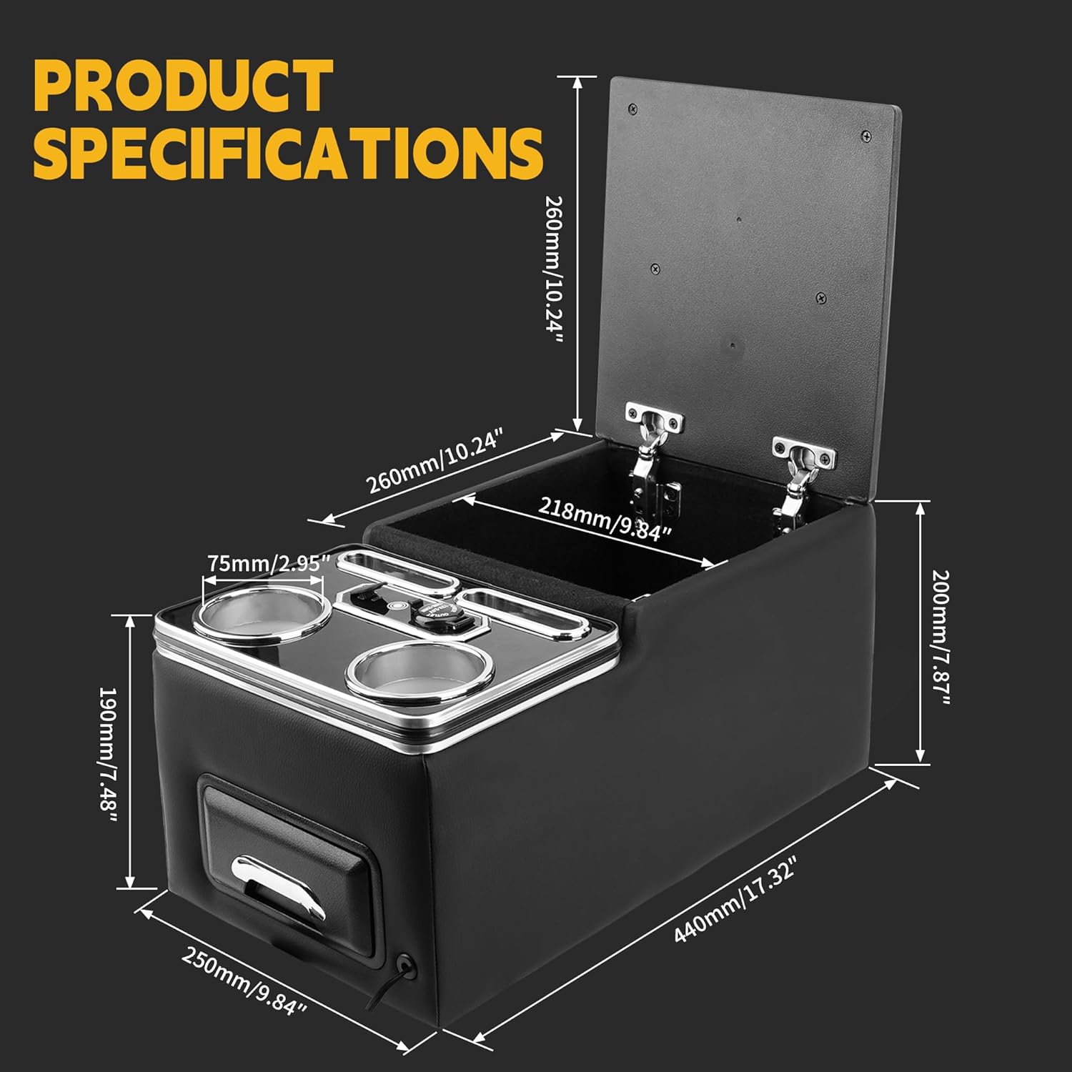 Center Console Organizer Center Console, Lighting with Fast Phone Charger, Spacious Storage Drawer, Cup Holders, Phone Slots, Armrest for Rear Bench Seat Car Interior Accessories