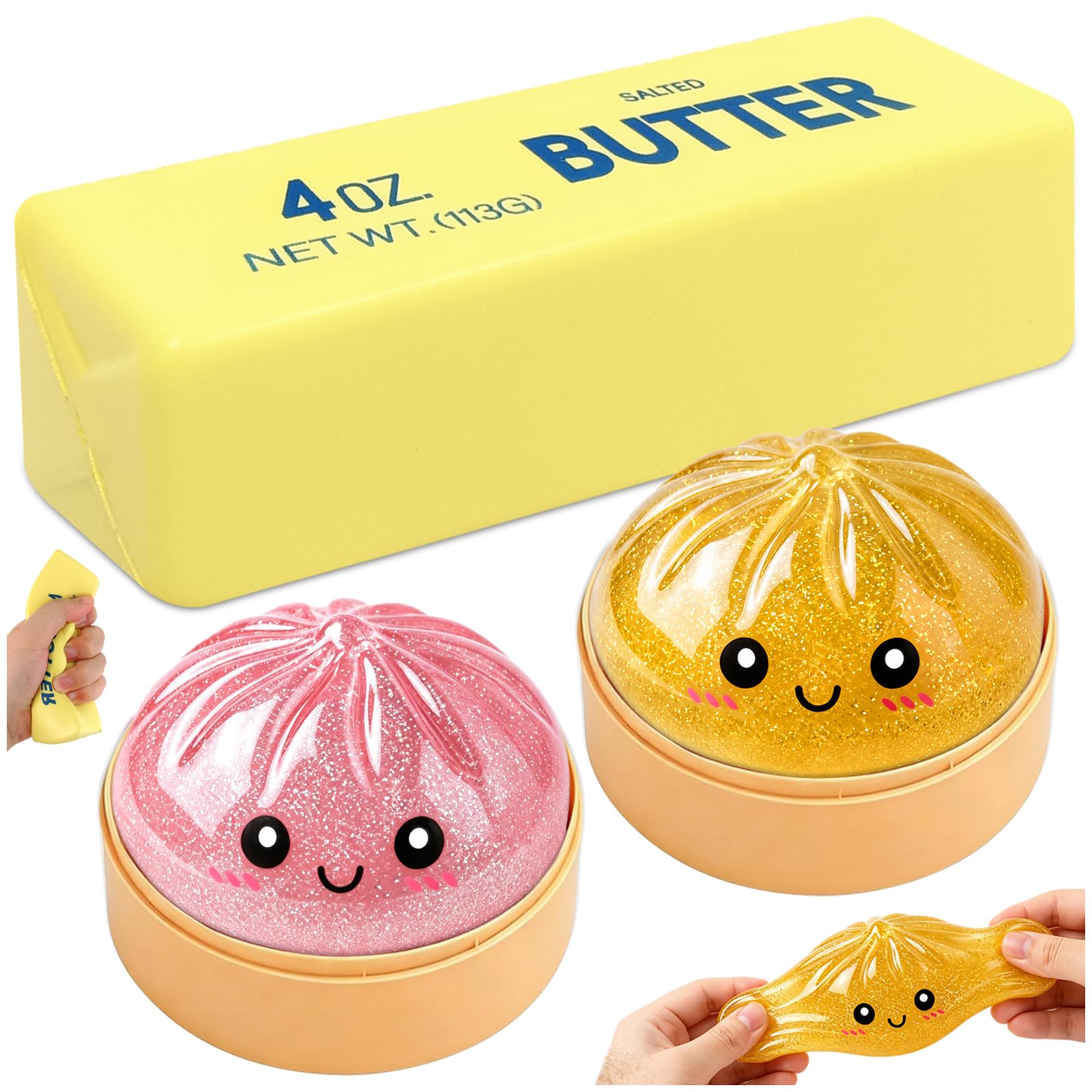 3 Pezzi Glitter Squishy Bao Dumpling + Butter Squishy Set, Giocattolo Sensoriale con Contenitore per Il Vapore, Dumpling Giocattolo Antistress per Alleviare adatto Bambini, Adulti, 25Toys1