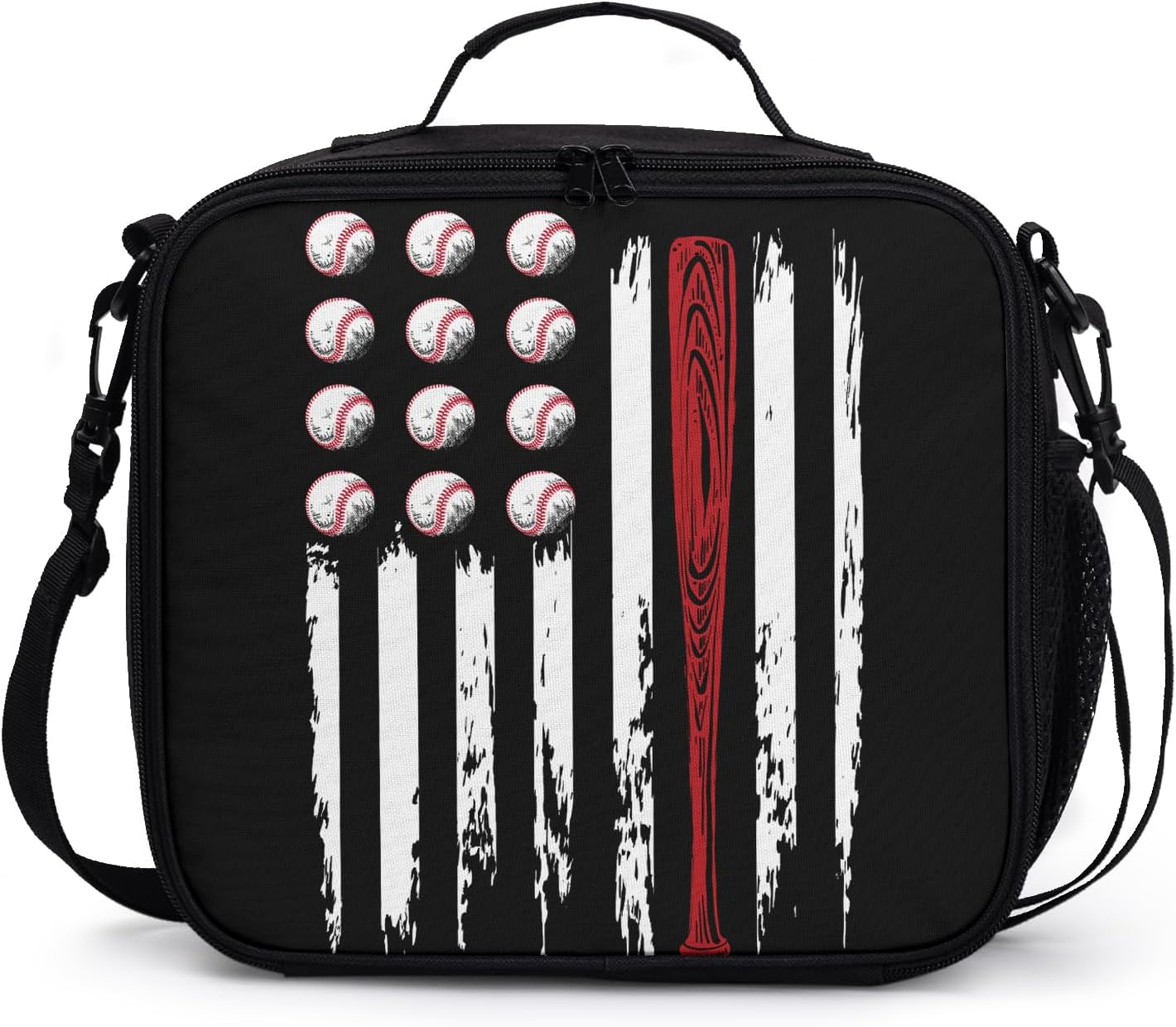 Sport Baseball Pattern Lunch Bag American Flag Baseball Lunch Boxes for Women/Man Office Work Travel School Work Picnic Durable Reusable Insulated Large Lunch Tote Bag with Adjustable Shoulder Strap