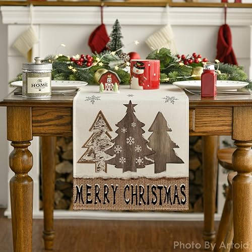 Miniatura 7 de Artoid Mode Copos de nieve de madera, árboles de Navidad, camino de mesa de Feliz Navidad, decoración de mesa de comedor para decoración de fiesta